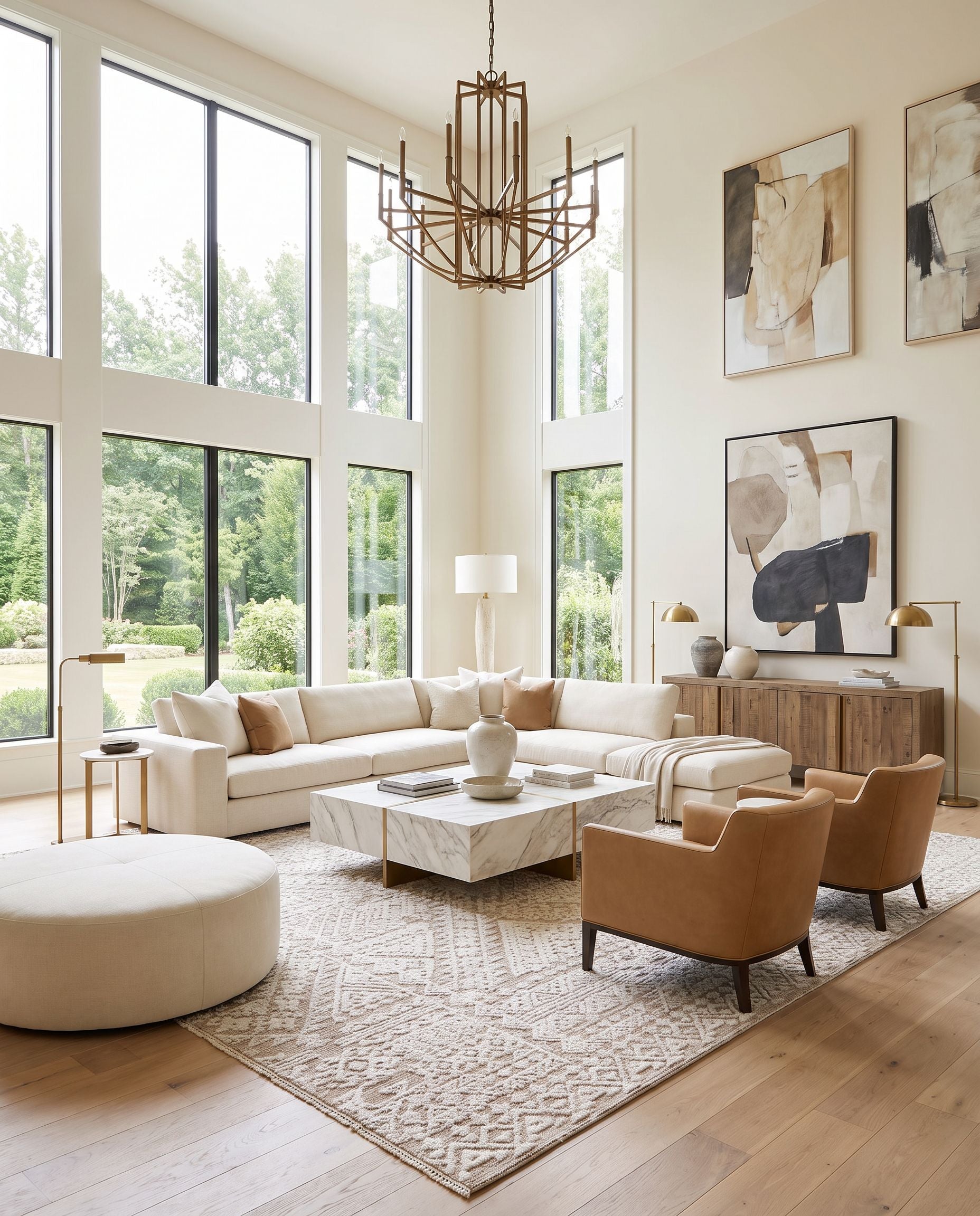 Amina AMA-2304 Hand Knotted Rug as the centerpiece of a bright luxury living room — a hand knotted global area rug in beige and light sage tones