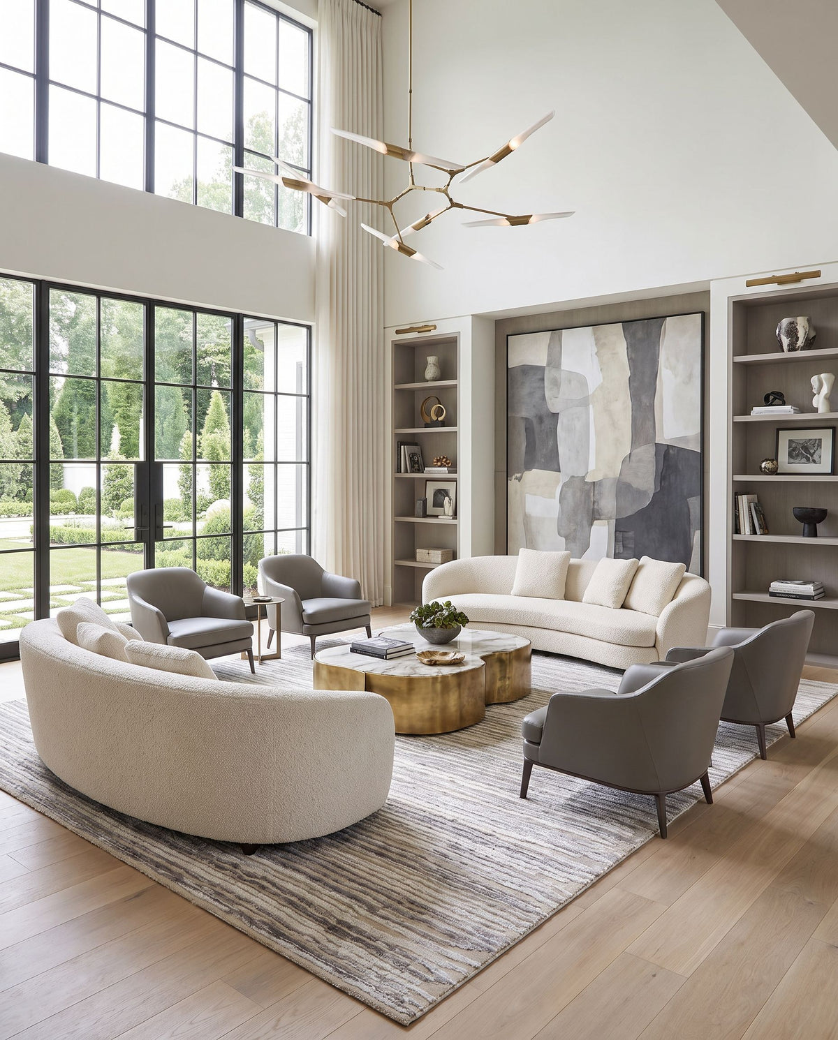 Amina AMA-2305 Hand Knotted Rug as the centerpiece of a bright luxury living room — a hand knotted global area rug in beige and light sage tones