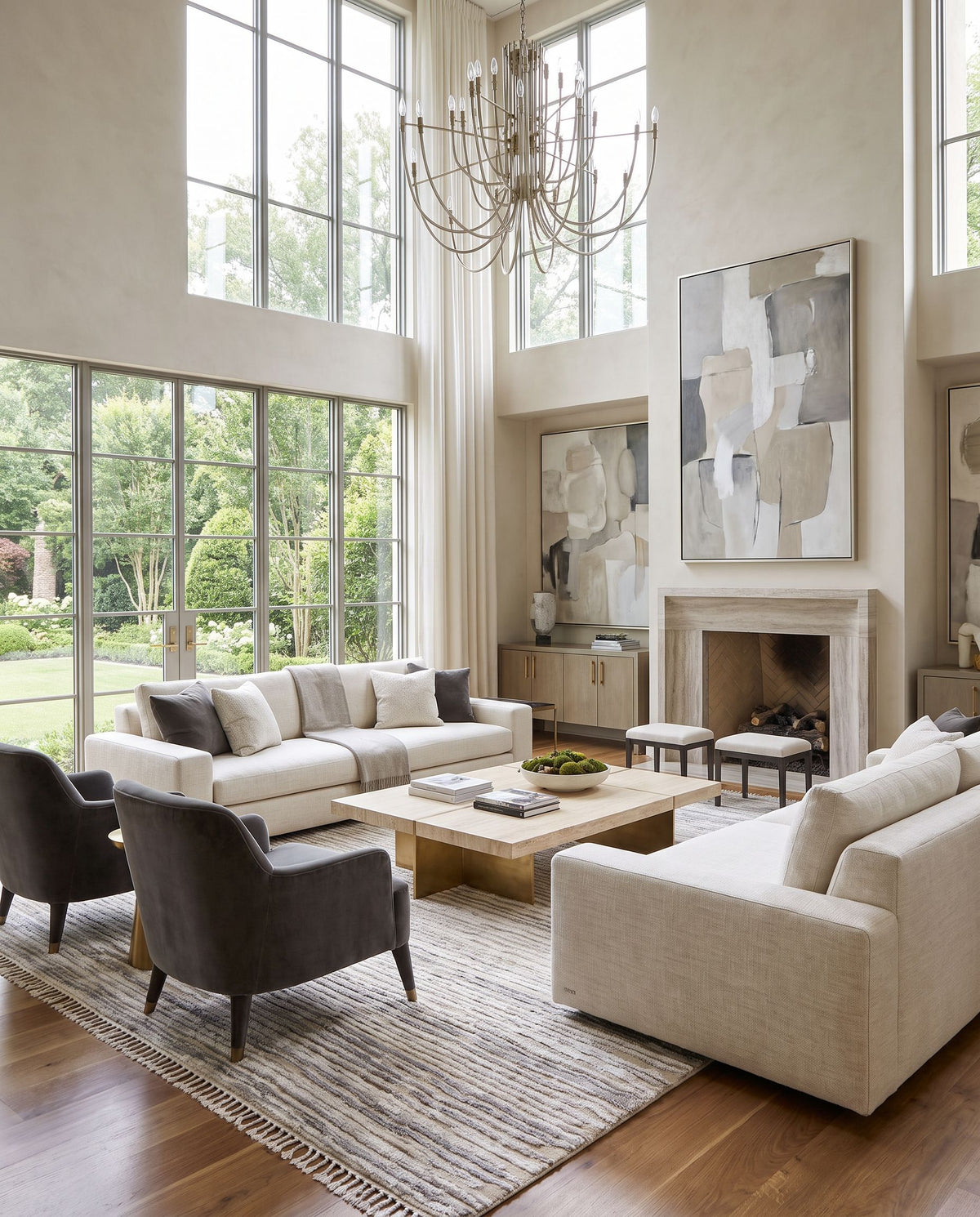 Amina AMA-2305 Hand Knotted Rug styled in an elegant designer living room — hand knotted global area rug in beige and light sage tones