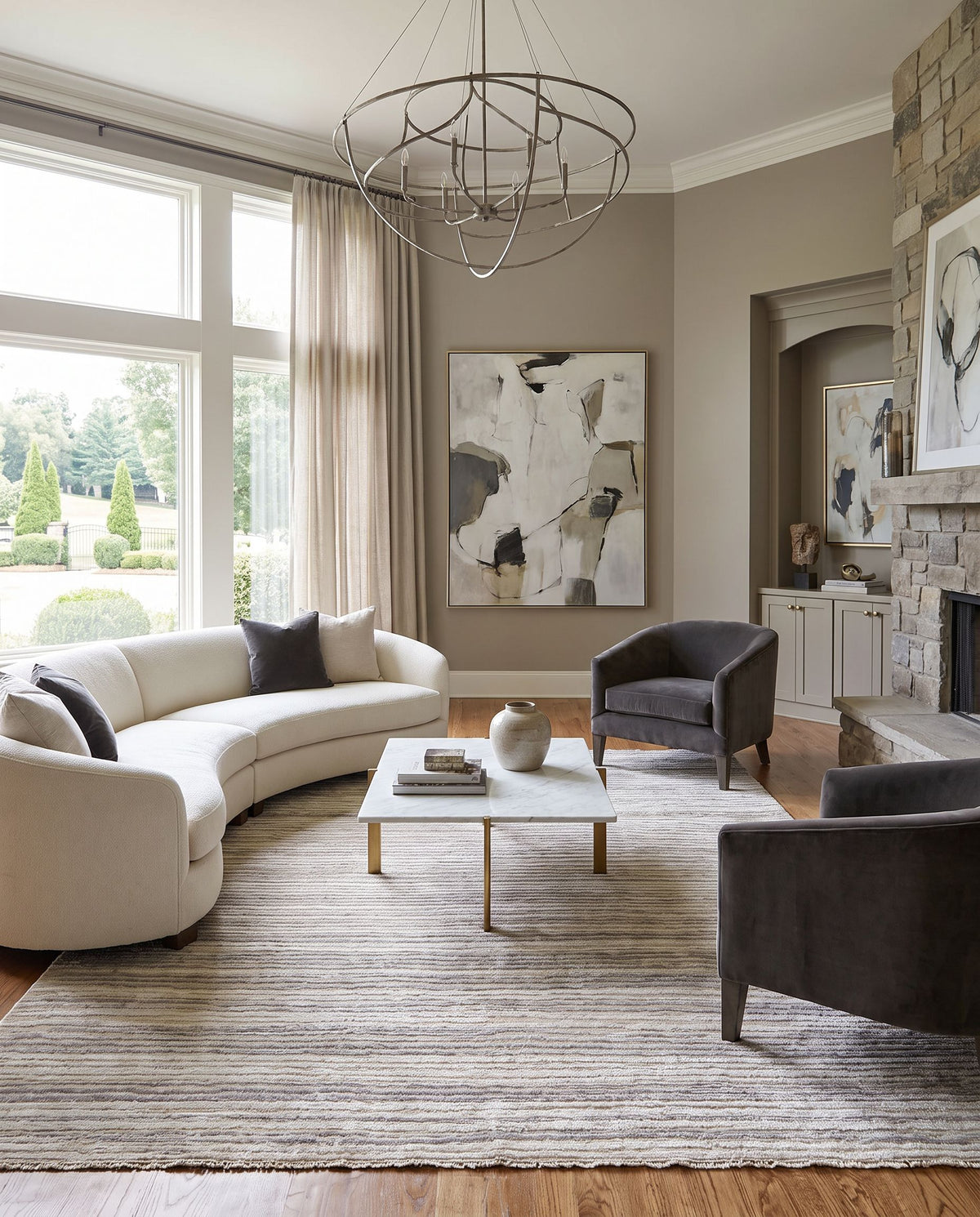 Amina AMA-2305 Hand Knotted Rug styled in an elegant designer living room — hand knotted global area rug in beige and light sage tones