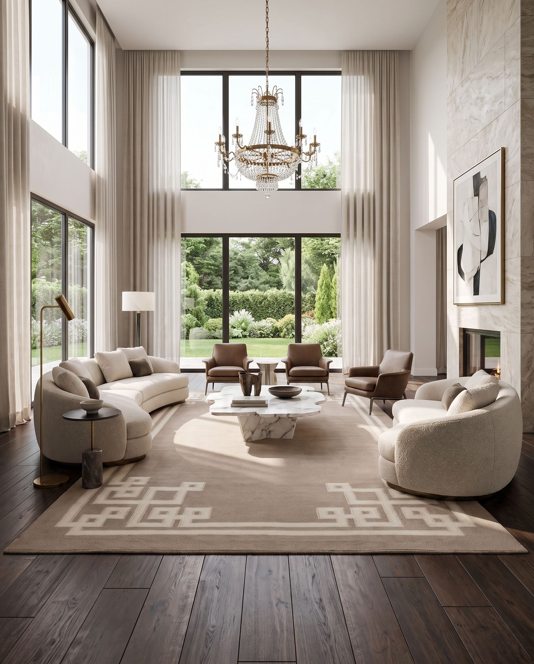 Alameda AMD-1015 Hand Woven Rug as the centerpiece of a bright luxury living room — a hand woven modern area rug in light beige, light gray and gray tones
