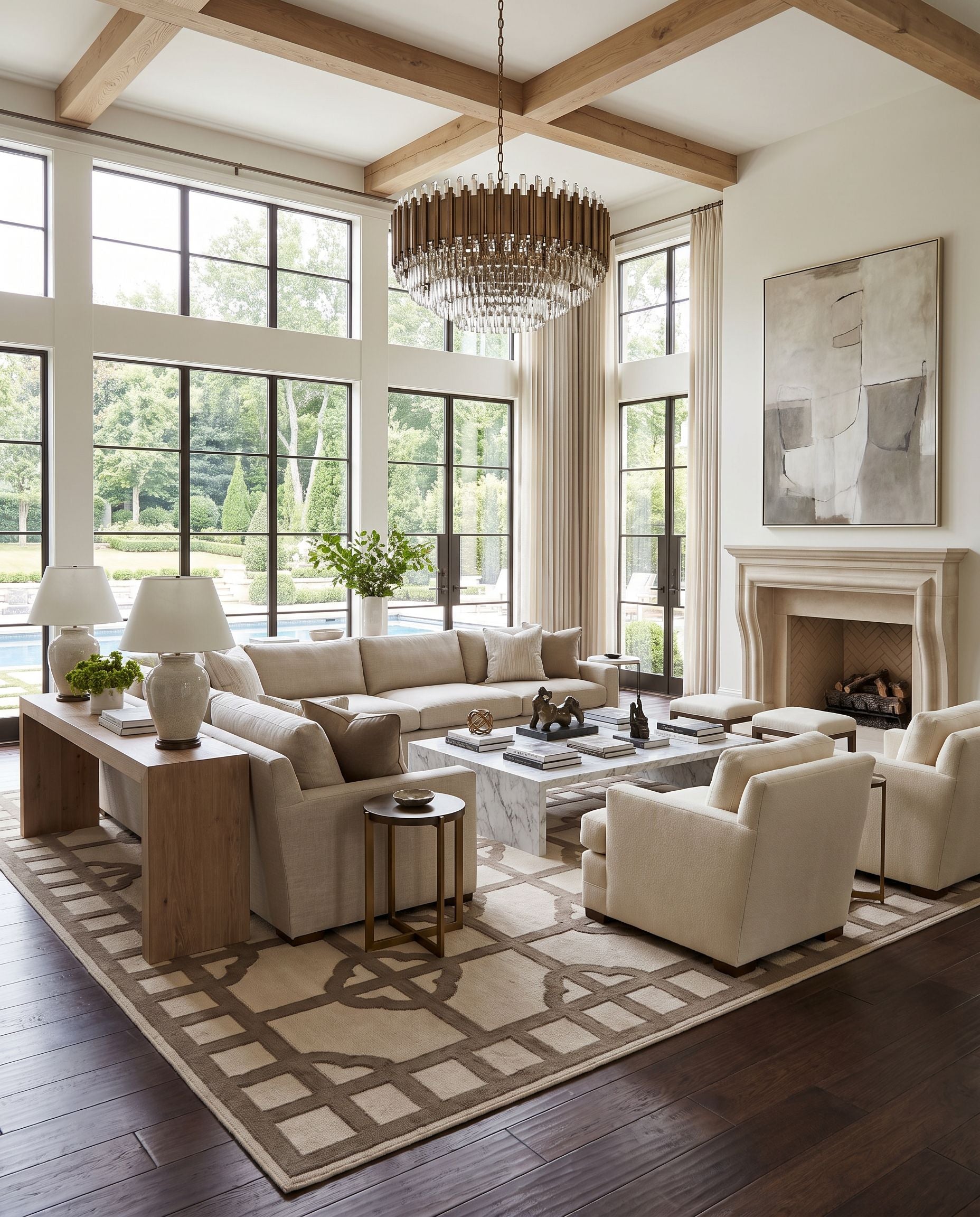 Alameda AMD-1070 Hand Woven Rug as the centerpiece of a bright luxury living room — a hand woven modern area rug in taupe, brown and dark brown tones