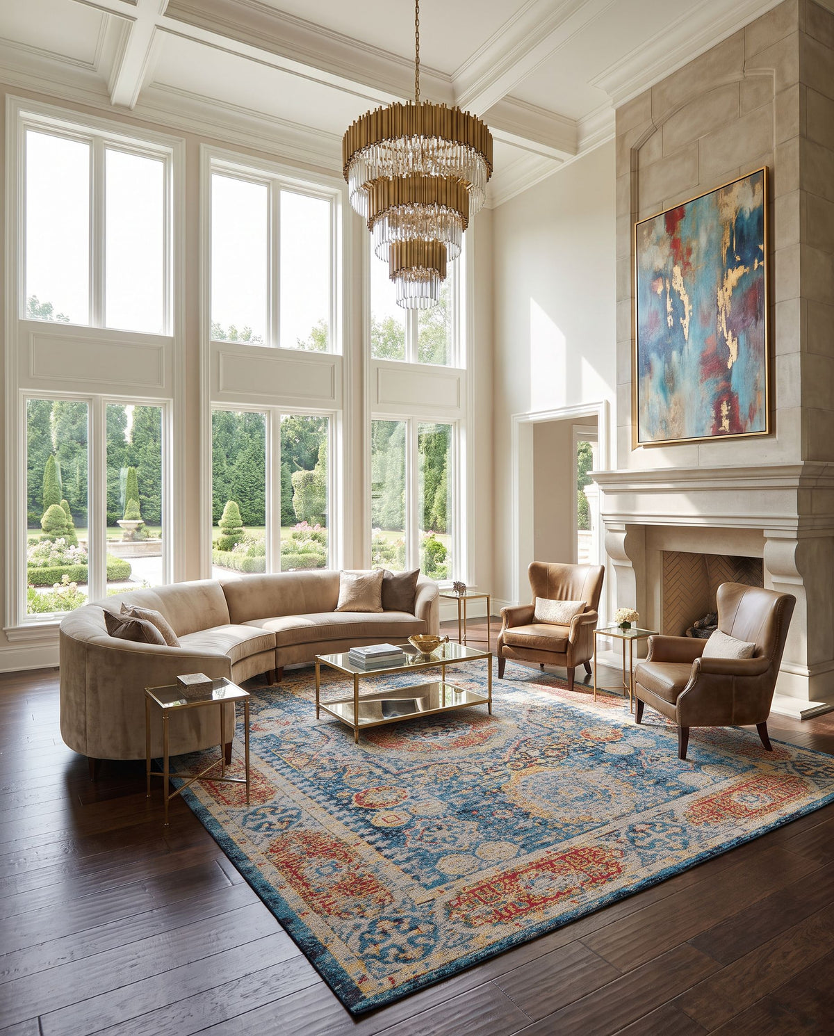 Amsterdam AMS-1009 Hand Woven Rug as the centerpiece of a bright luxury living room — a hand woven traditional area rug in blue, mustard, red and black tones