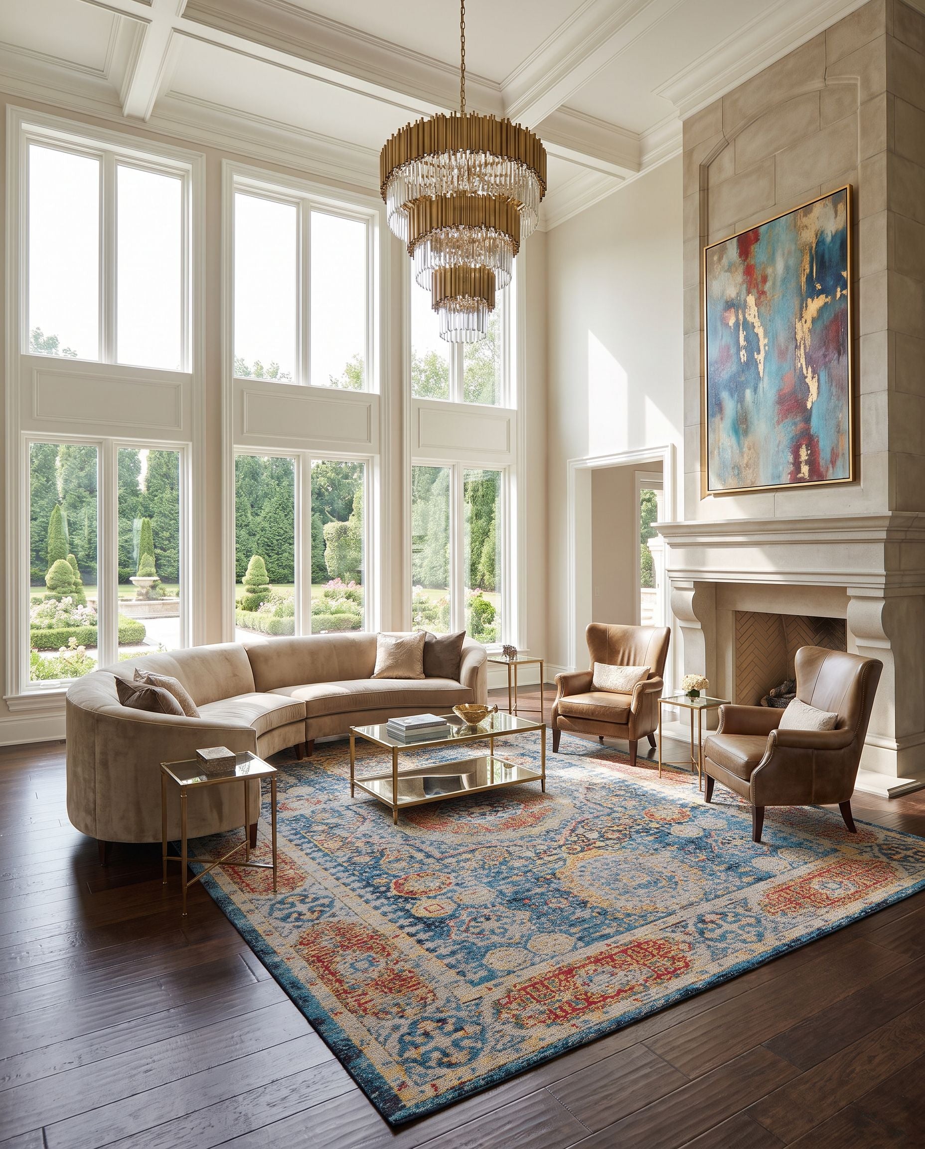 Amsterdam AMS-1009 Hand Woven Rug as the centerpiece of a bright luxury living room — a hand woven traditional area rug in blue, mustard, red and black tones