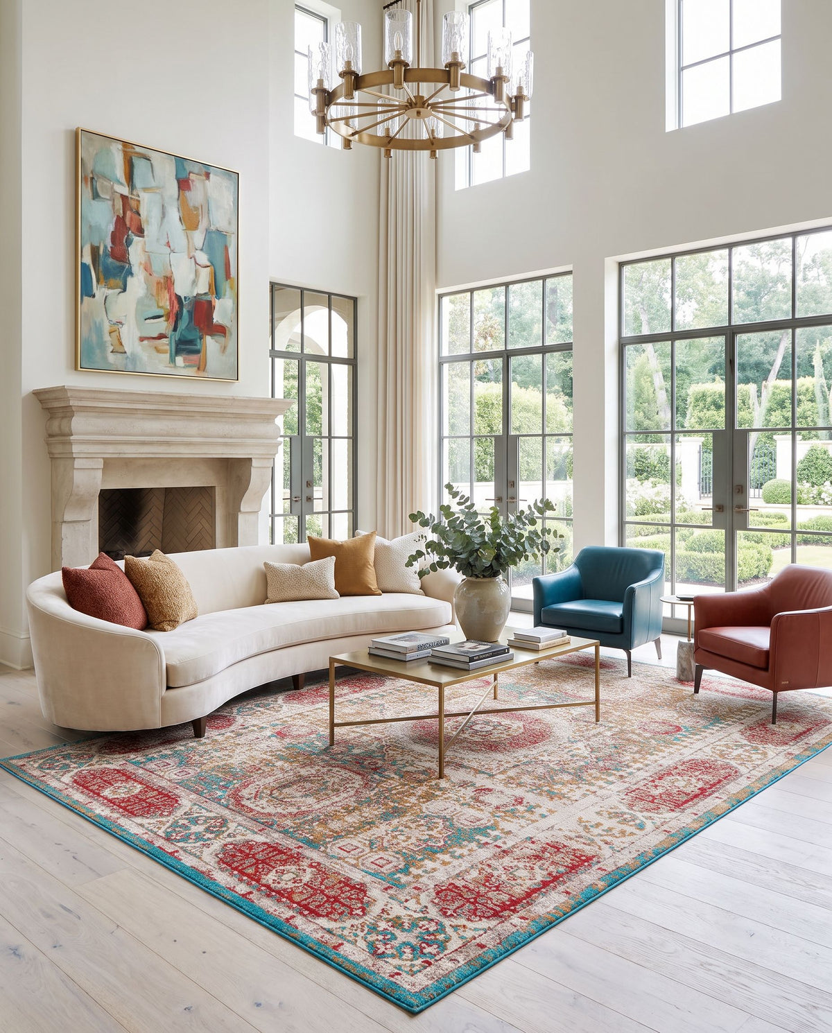 Amsterdam AMS-1011 Hand Woven Rug as the centerpiece of a bright luxury living room — a hand woven traditional area rug in mustard, blue, red and light beige tones