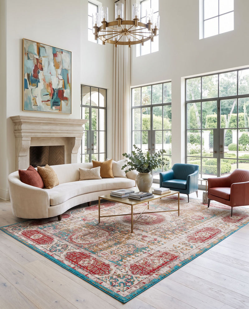Amsterdam AMS-1011 Hand Woven Rug as the centerpiece of a bright luxury living room — a hand woven traditional area rug in mustard, blue, red and light beige tones