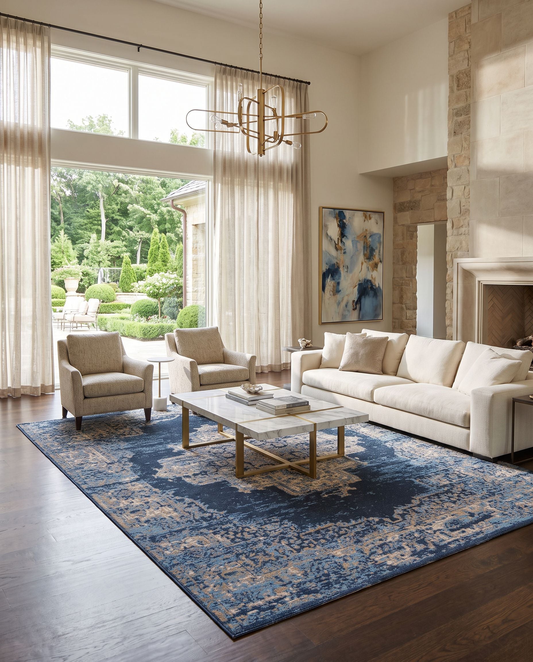 Amsterdam AMS-1025 Hand Woven Rug styled in an elegant designer living room — hand woven traditional area rug in taupe, beige, tan and blue tones
