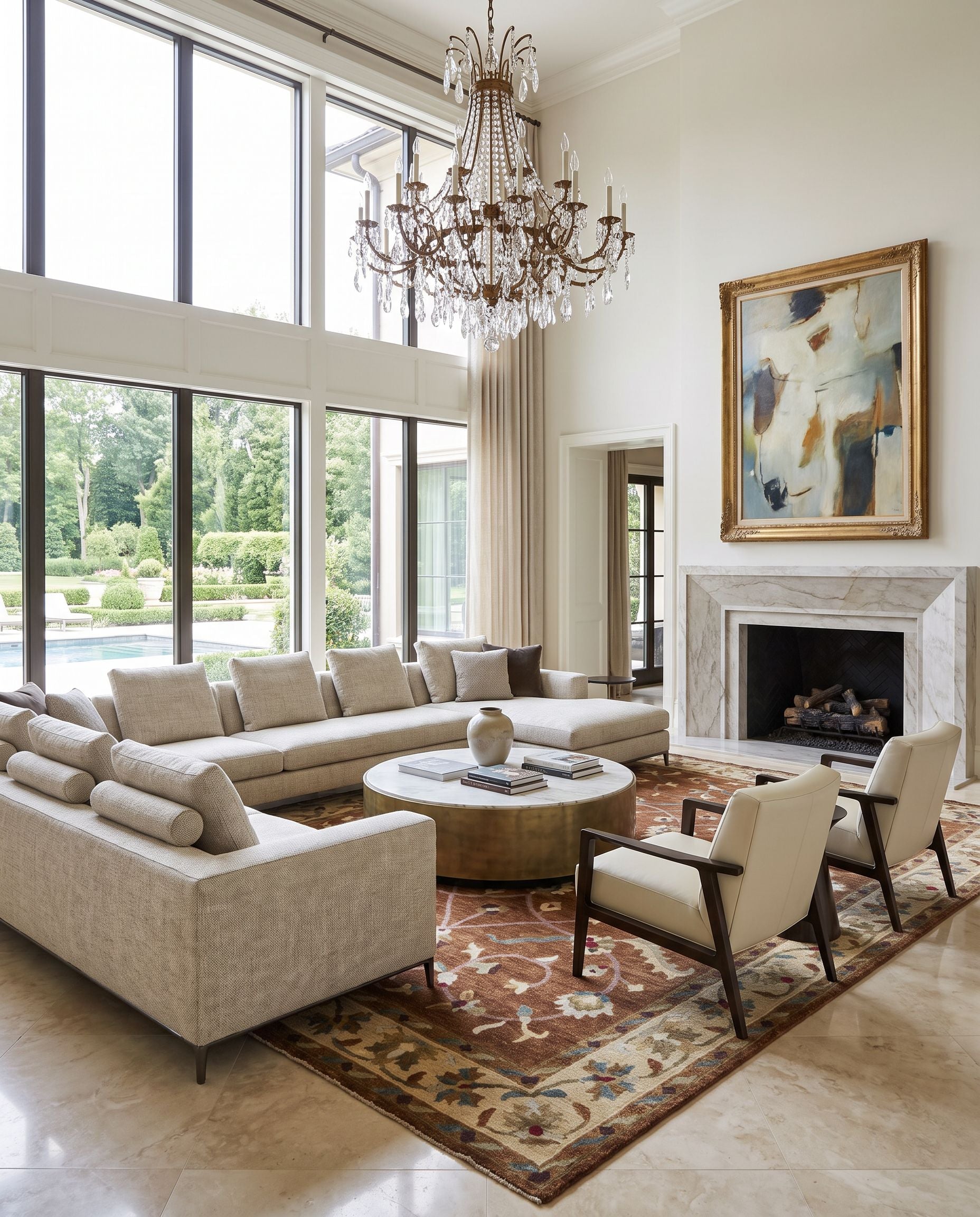 Anastacia ANA-8403 Hand Knotted Rug as the centerpiece of a bright luxury living room — a hand knotted traditional area rug in brown, wheat, dusty pink and pale blue tones