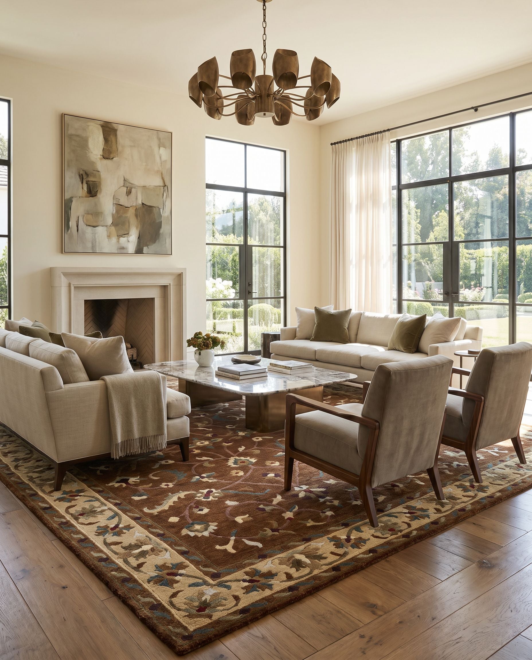 Anastacia ANA-8403 Hand Knotted Rug styled in an elegant designer living room — hand knotted traditional area rug in brown, wheat, dusty pink and pale blue tones