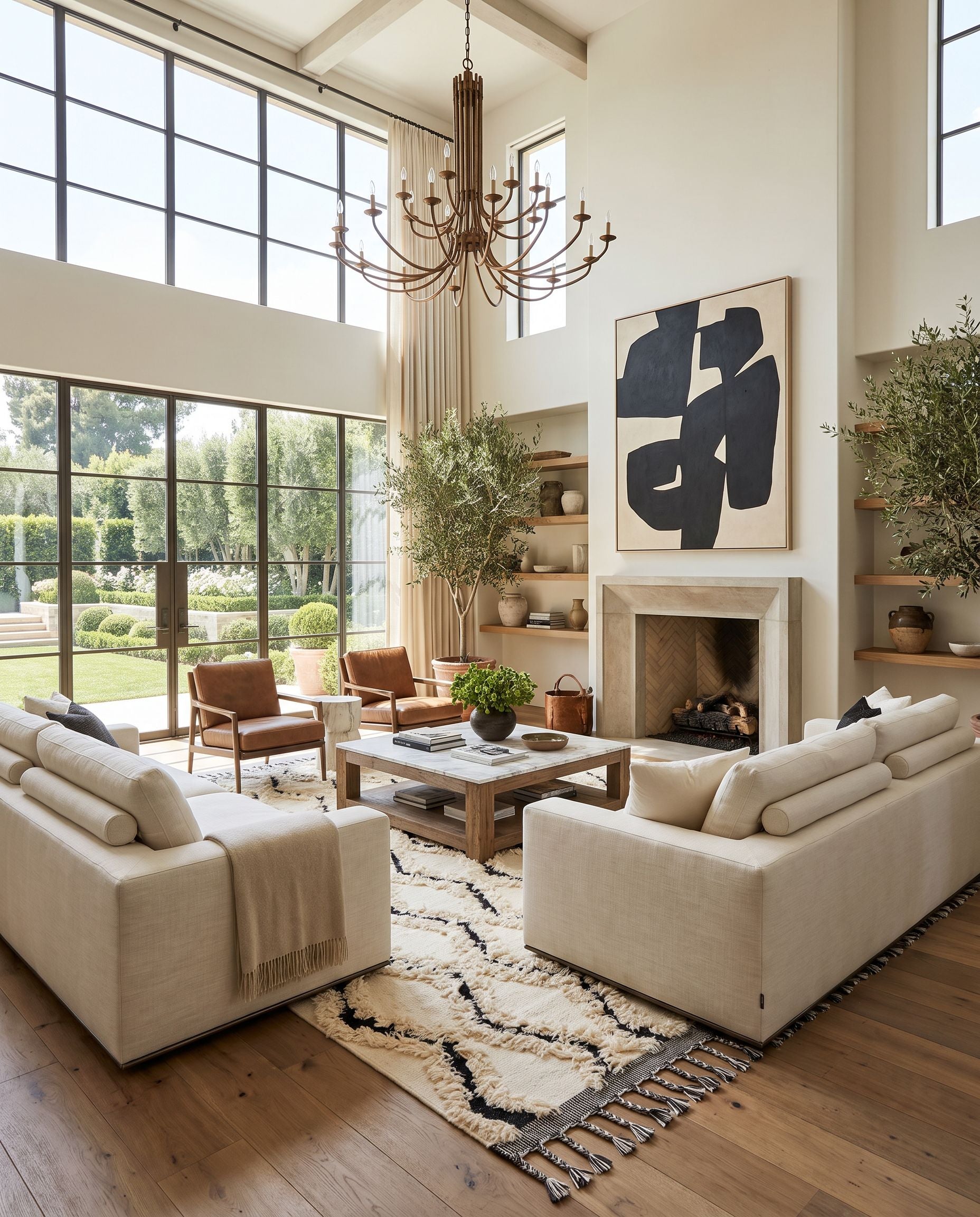 Apache APA-2300 Hand Woven Rug as the centerpiece of a bright luxury living room — a hand woven global area rug in cream and black tones