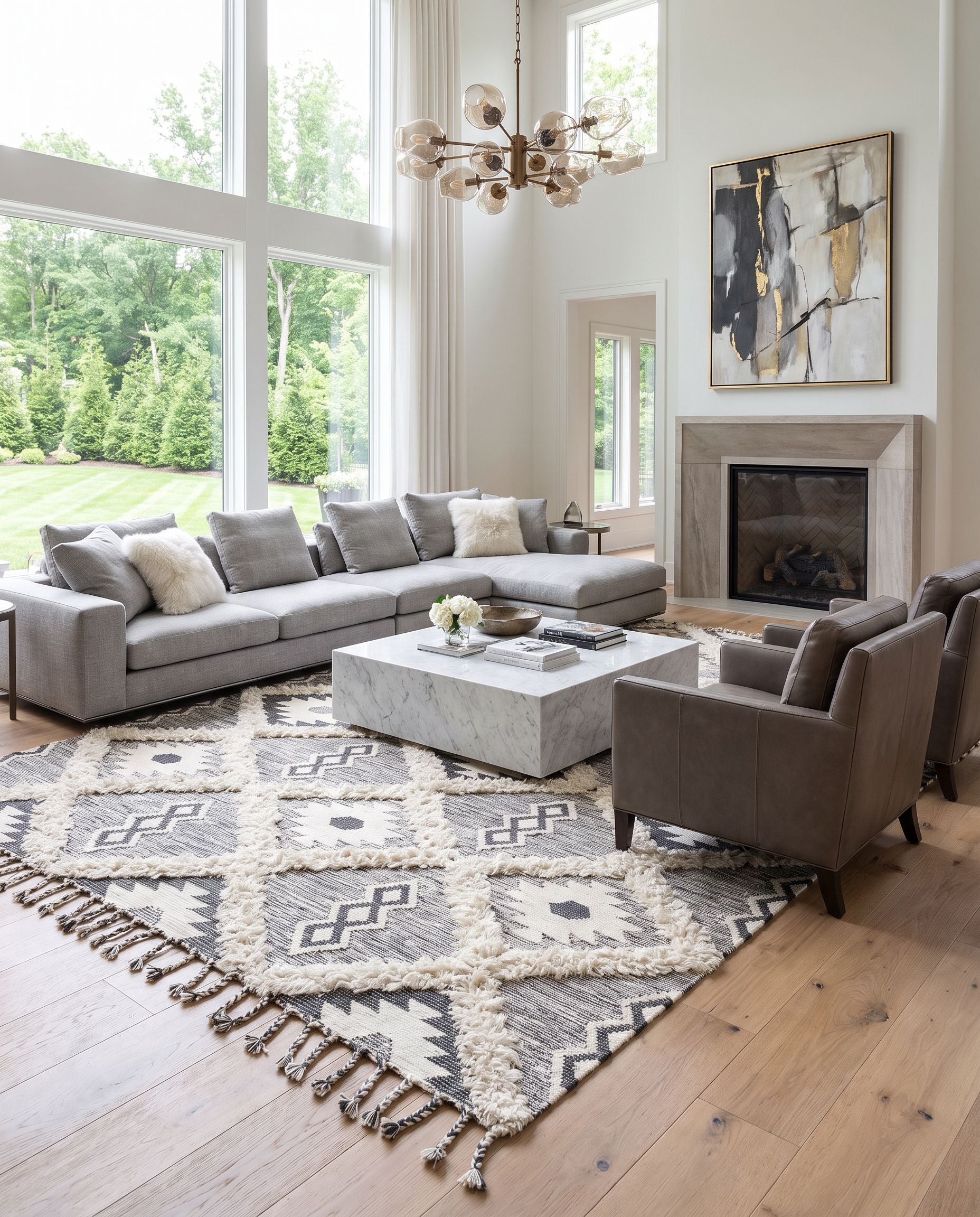 Apache APA-2305 Hand Woven Rug as the centerpiece of a bright luxury living room — a hand woven global area rug in charcoal and ivory tones