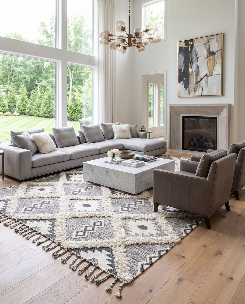 Apache APA-2305 Hand Woven Rug as the centerpiece of a bright luxury living room — a hand woven global area rug in charcoal and ivory tones