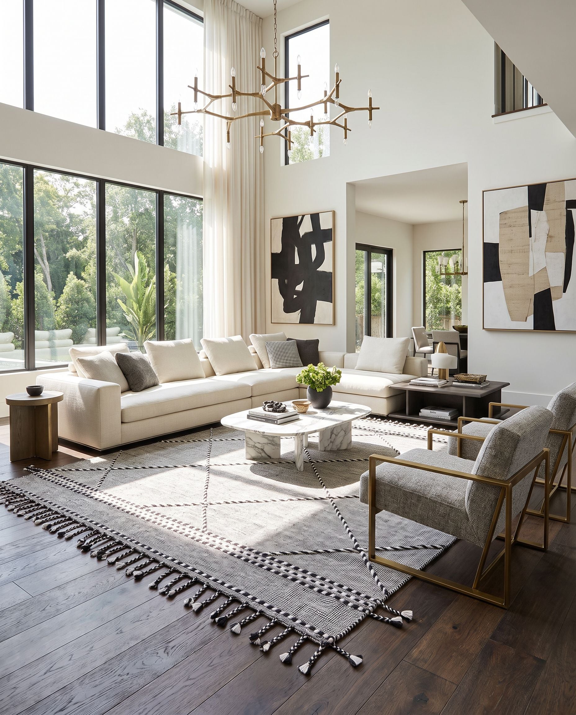 Apache APA-2306 Hand Woven Rug as the centerpiece of a bright luxury living room — a hand woven global area rug in black and cream tones
