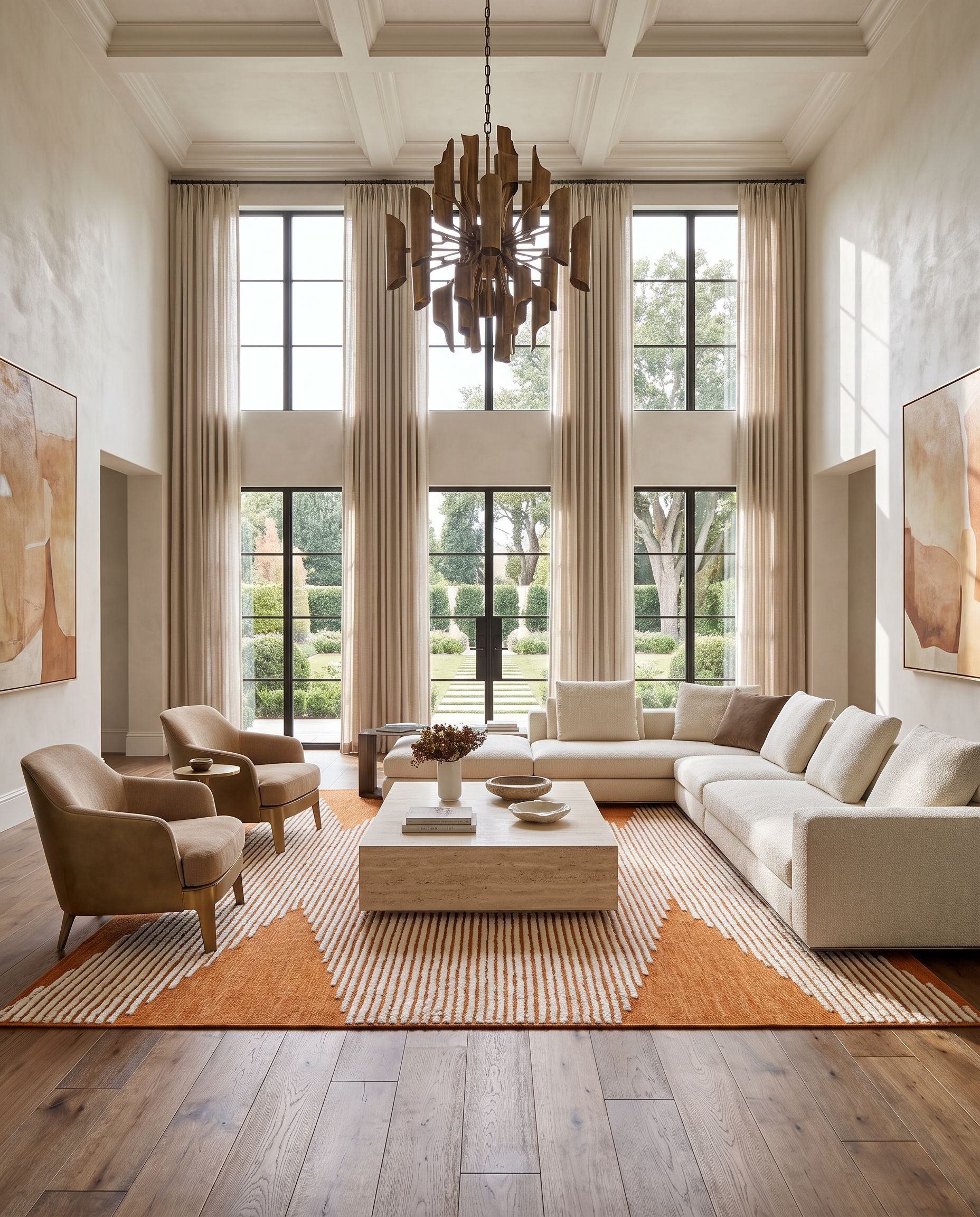 Apache APA-2309 Hand Woven Rug styled in an elegant designer living room — hand woven global area rug in cider, cinnamon and cream tones