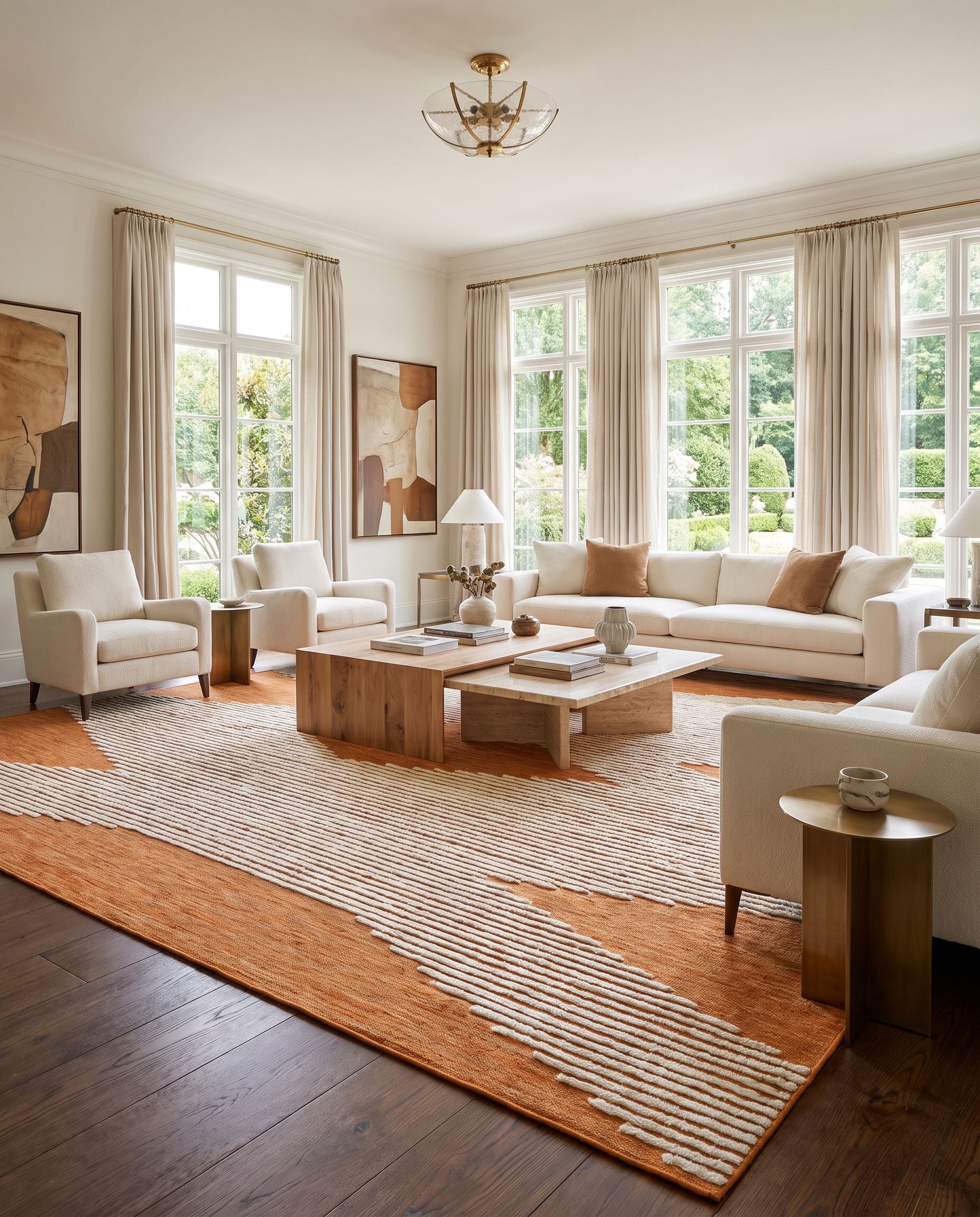 Apache APA-2309 Hand Woven Rug styled in an elegant designer living room — hand woven global area rug in cider, cinnamon and cream tones