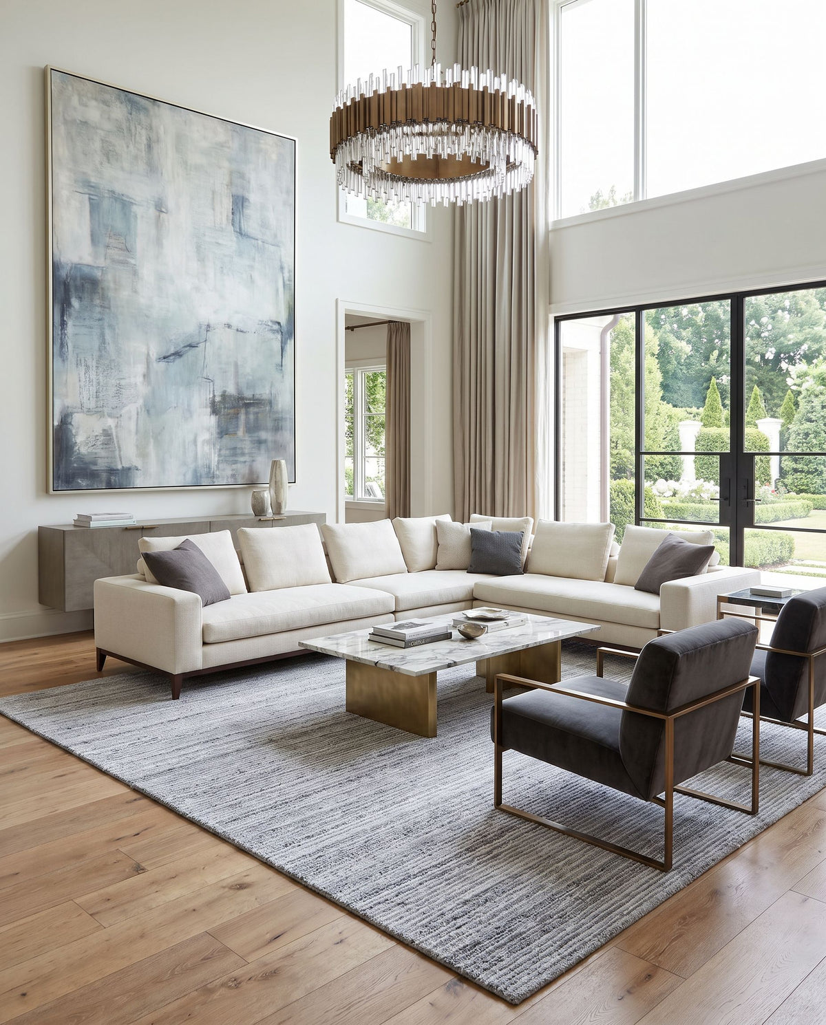 Aubree ARB-2300 Hand Tufted Rug styled in an elegant designer living room — hand tufted cottage area rug in charcoal, gray and black tones