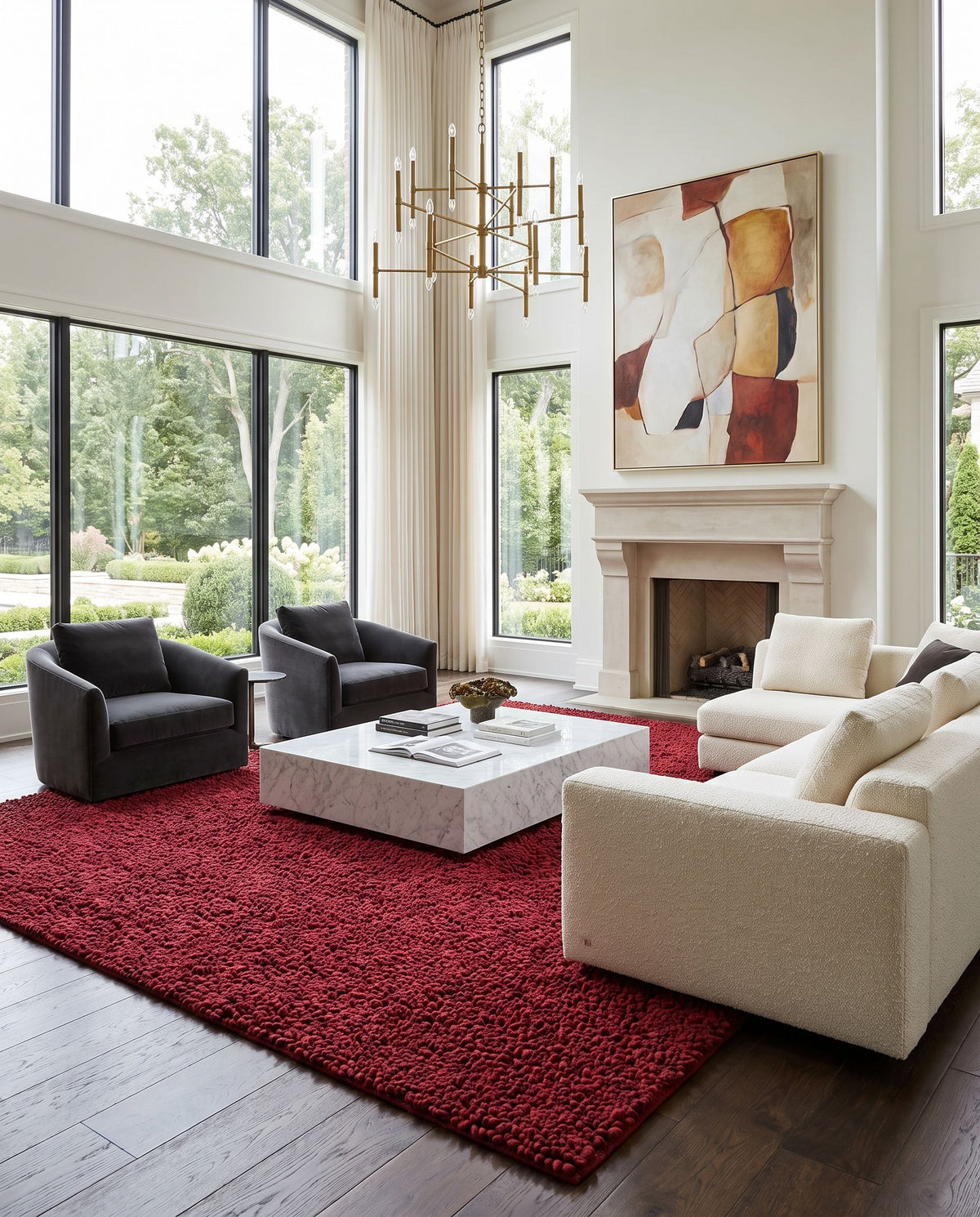 Aros AROS-1 Hand Woven Rug as the centerpiece of a bright luxury living room — a hand woven modern area rug in dark red tones