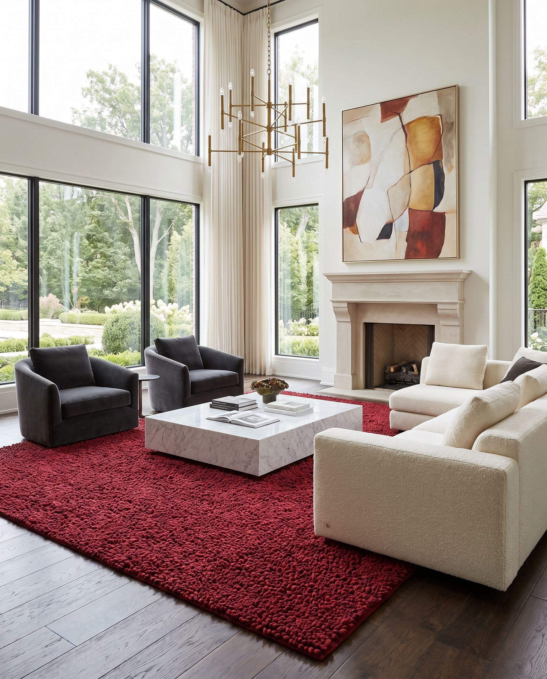 Aros AROS-1 Hand Woven Rug as the centerpiece of a bright luxury living room — a hand woven modern area rug in dark red tones