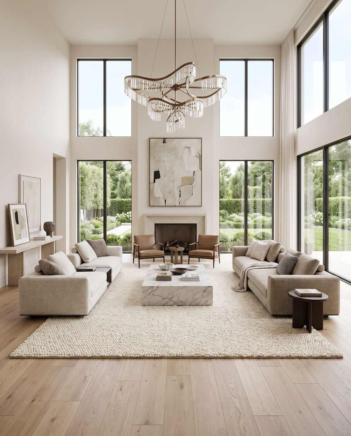 Aros AROS-2 Hand Woven Rug as the centerpiece of a bright luxury living room — a hand woven modern area rug in cream tones