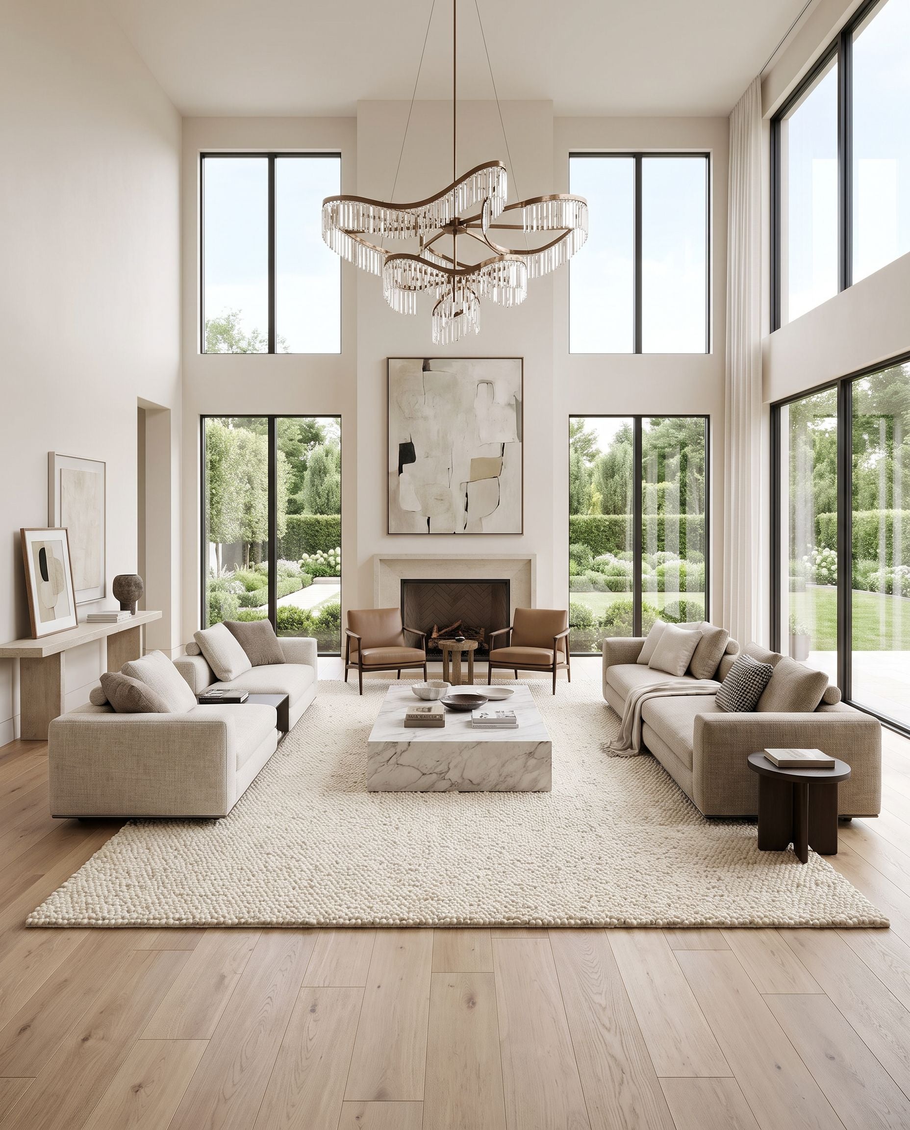 Aros AROS-2 Hand Woven Rug as the centerpiece of a bright luxury living room — a hand woven modern area rug in cream tones