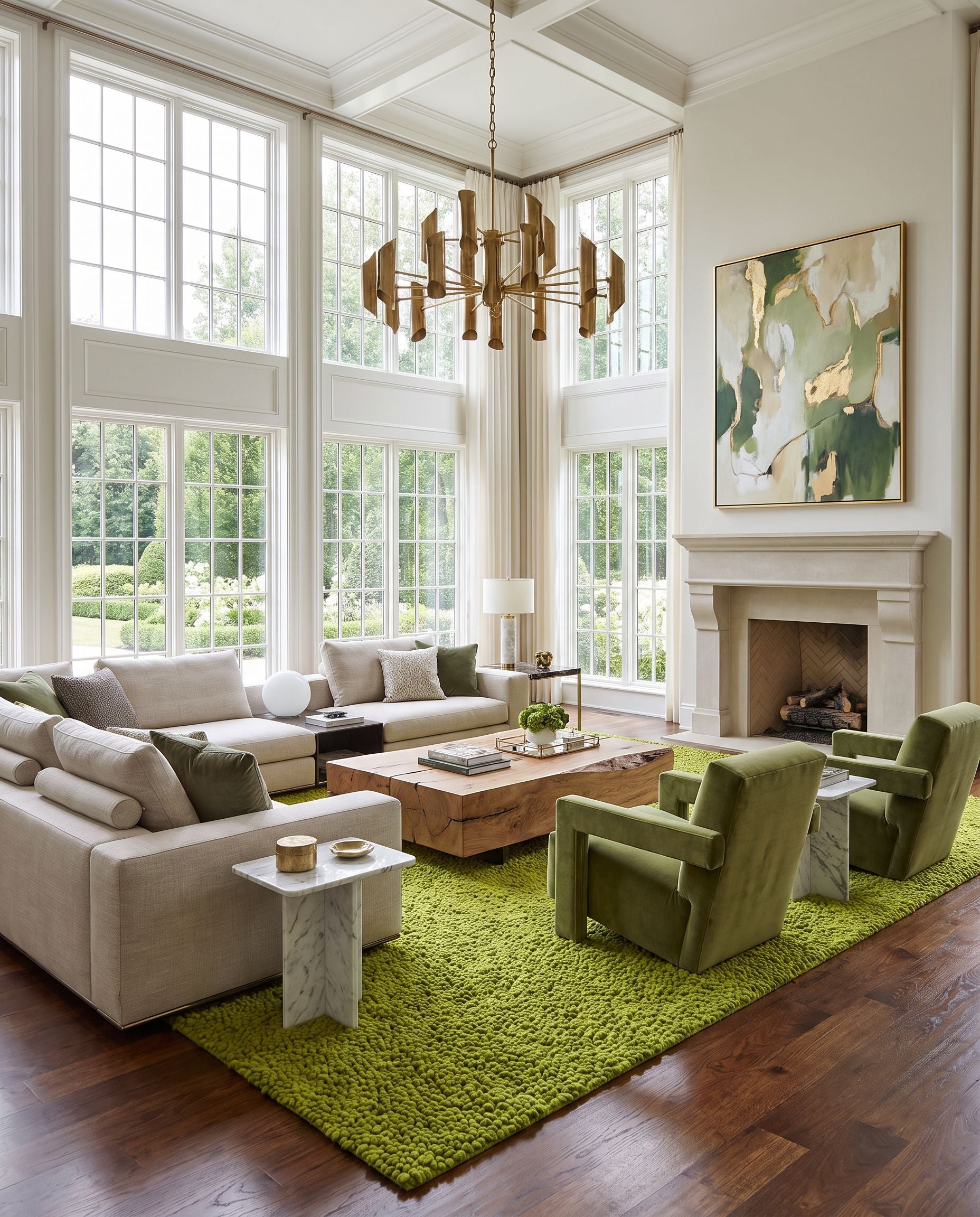 Aros AROS-6 Hand Woven Rug as the centerpiece of a bright luxury living room — a hand woven modern area rug in olive tones