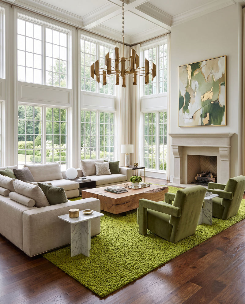 Aros AROS-6 Hand Woven Rug as the centerpiece of a bright luxury living room — a hand woven modern area rug in olive tones