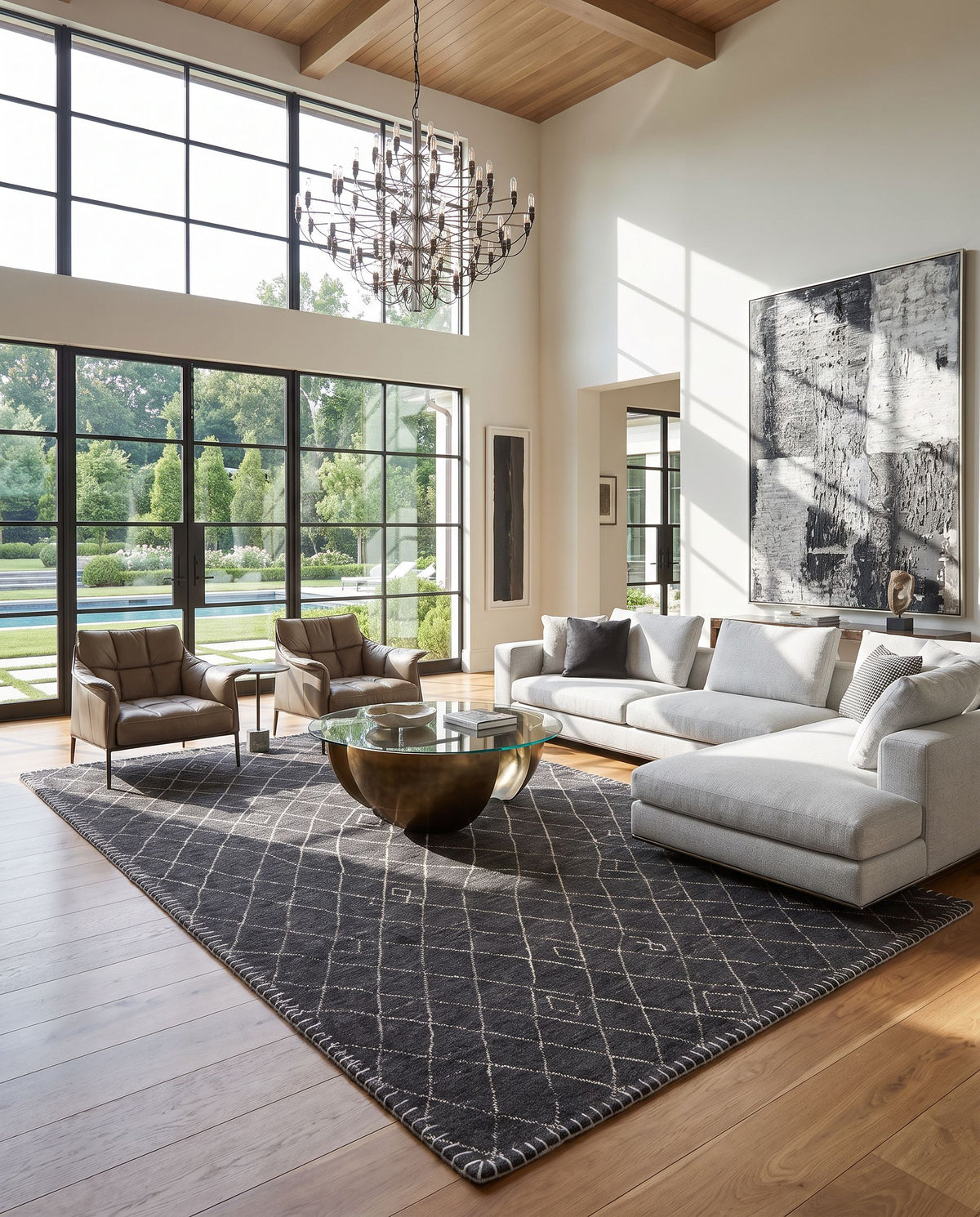 Arlequin ARQ-2301 Hand Loomed Rug styled in an elegant designer living room — hand loomed global area rug in black and ivory tones