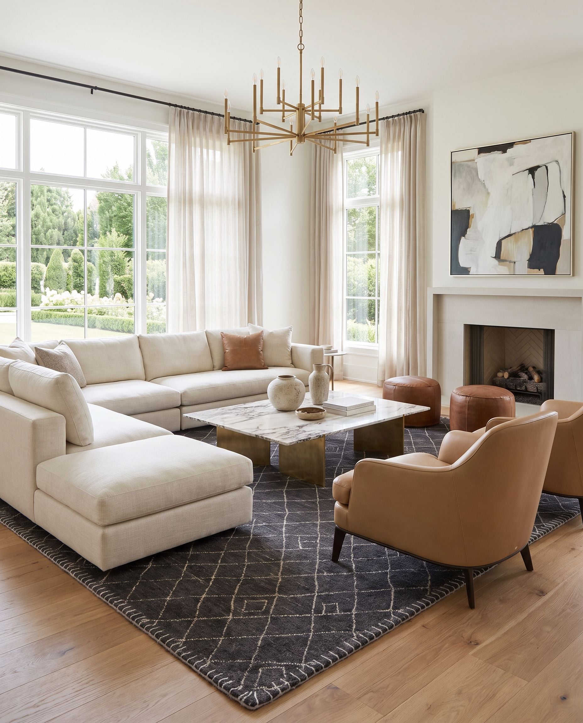 Arlequin ARQ-2301 Hand Loomed Rug styled in an elegant designer living room — hand loomed global area rug in black and ivory tones