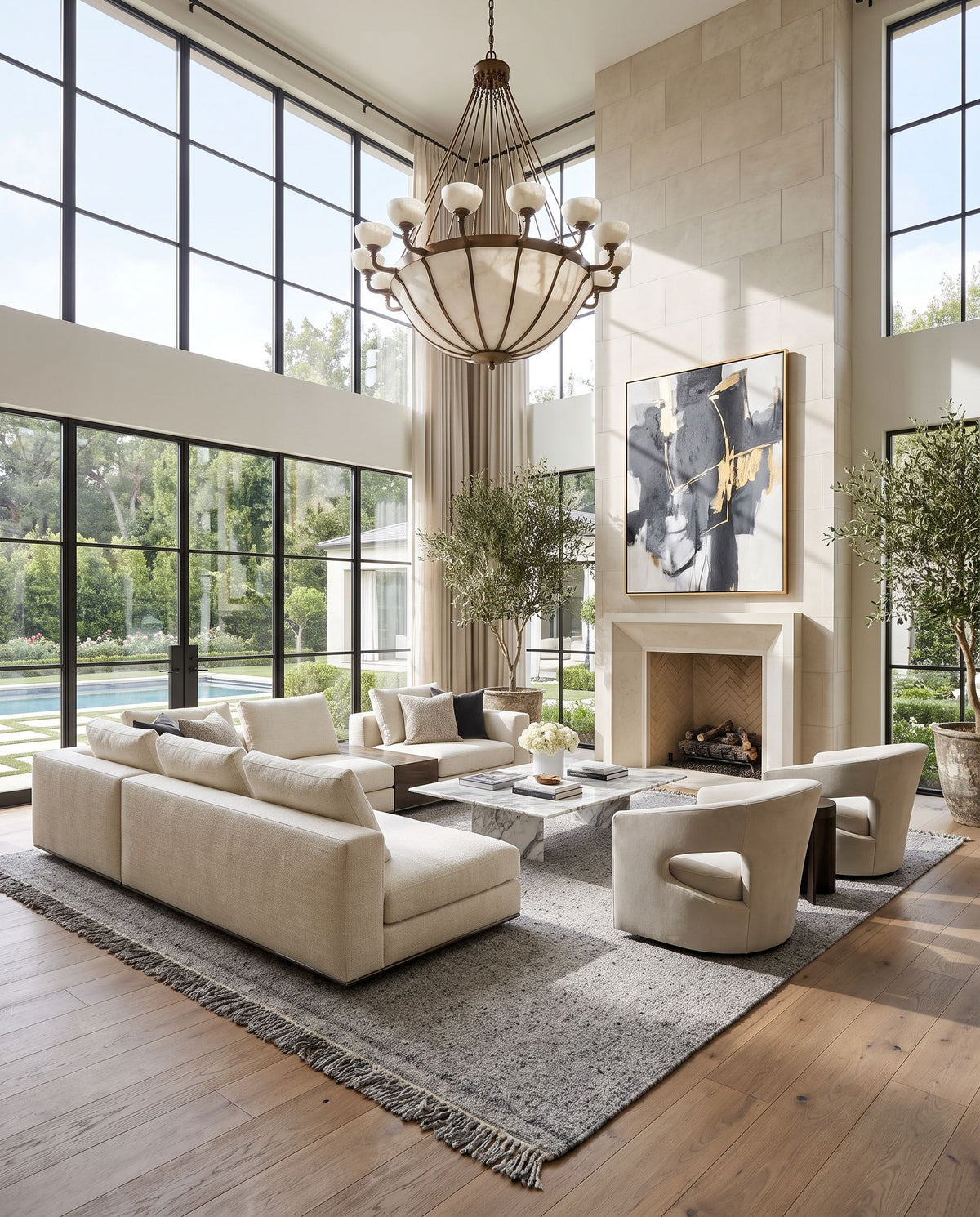Aarhus ARU-2300 Hand Woven Rug as the centerpiece of a bright luxury living room — a hand woven cottage area rug in medium gray and black tones
