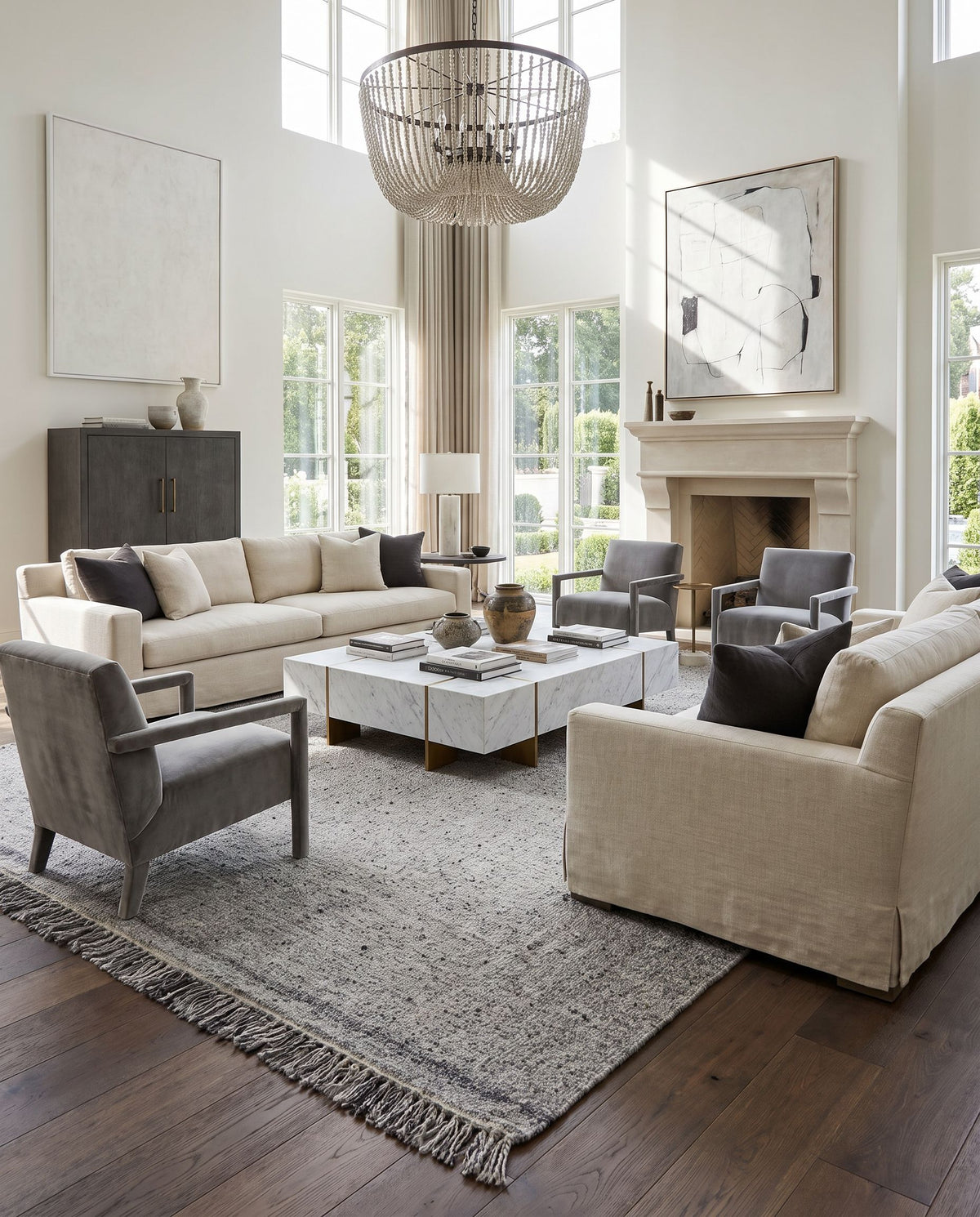 Aarhus ARU-2300 Hand Woven Rug styled in an elegant designer living room — hand woven cottage area rug in medium gray and black tones
