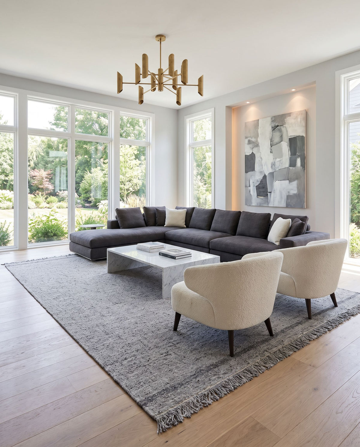 Aarhus ARU-2300 Hand Woven Rug styled in an elegant designer living room — hand woven cottage area rug in medium gray and black tones