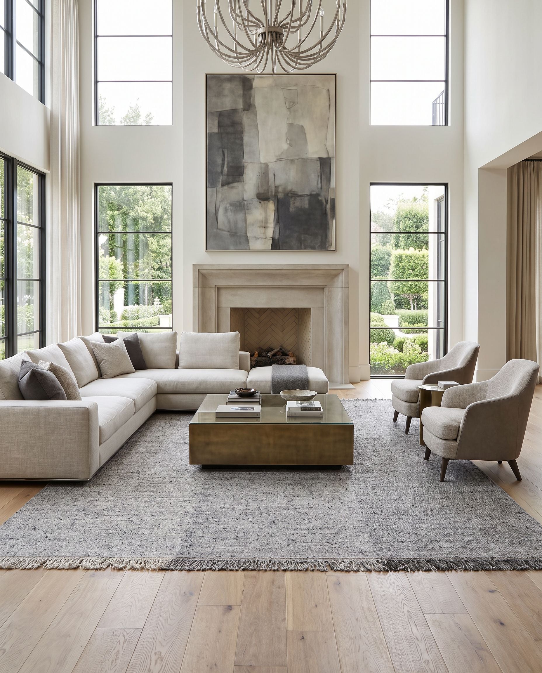 Aarhus ARU-2302 Hand Woven Rug as the centerpiece of a bright luxury living room — a hand woven cottage area rug in gray tones