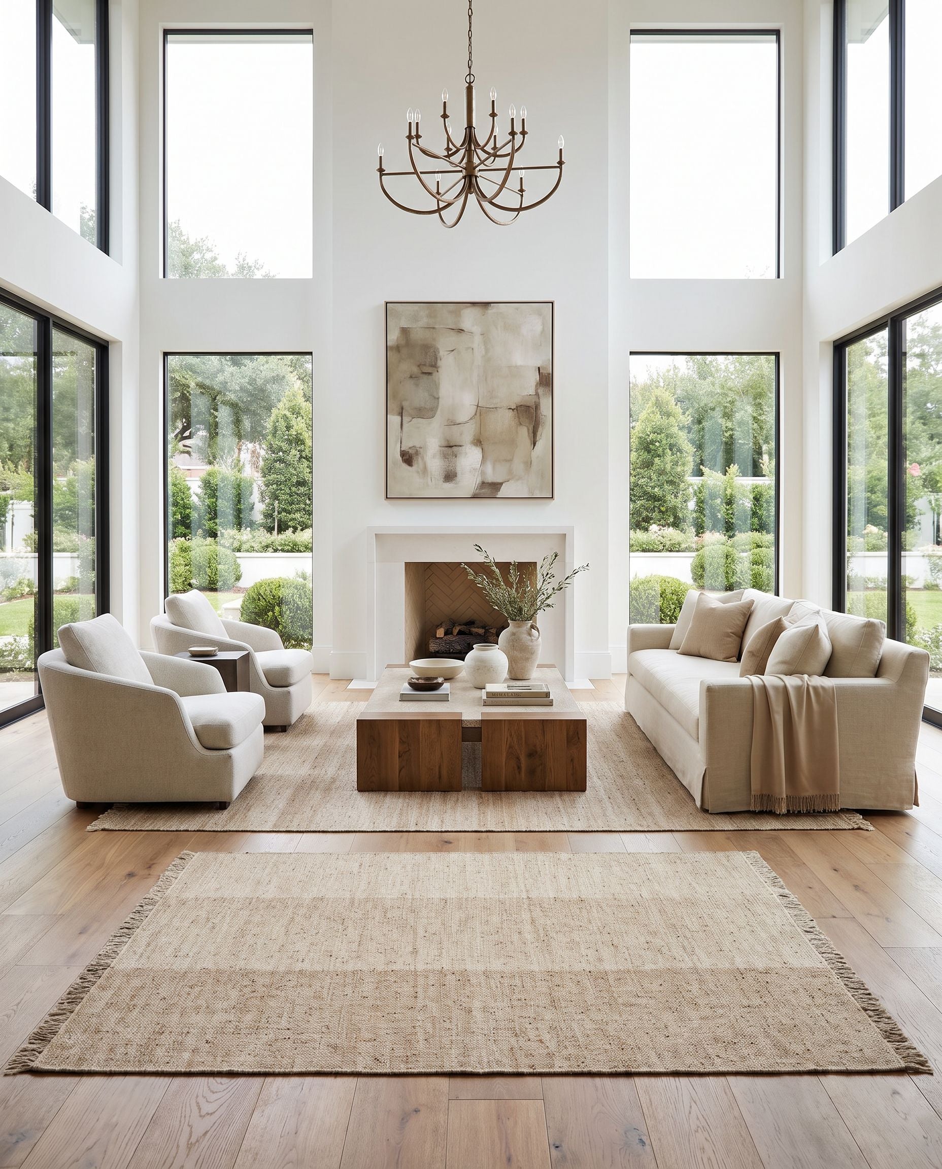 Aarhus ARU-2303 Hand Woven Rug as the centerpiece of a bright luxury living room — a hand woven cottage area rug in tan tones
