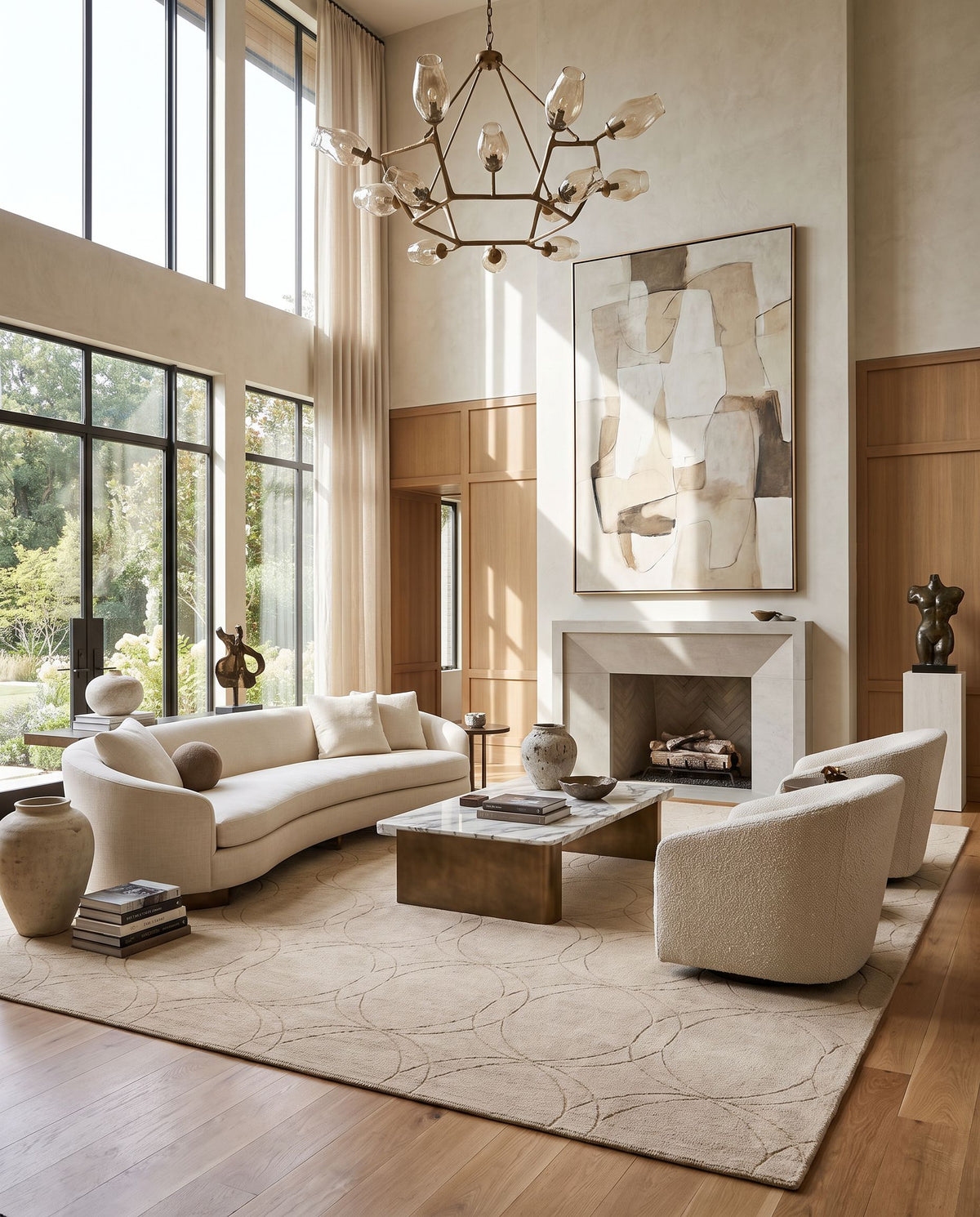 Ashlee ASL-1000 Hand Loomed Rug as the centerpiece of a bright luxury living room — a hand loomed modern area rug in tan tones