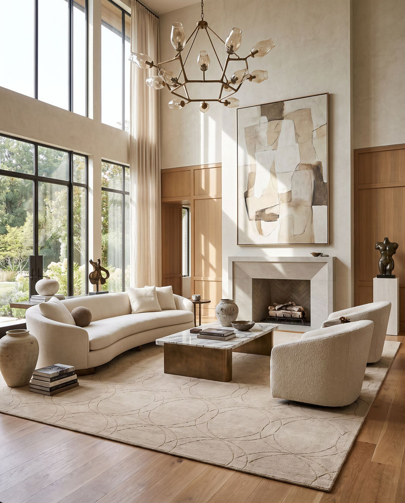 Ashlee ASL-1000 Hand Loomed Rug as the centerpiece of a bright luxury living room — a hand loomed modern area rug in tan tones