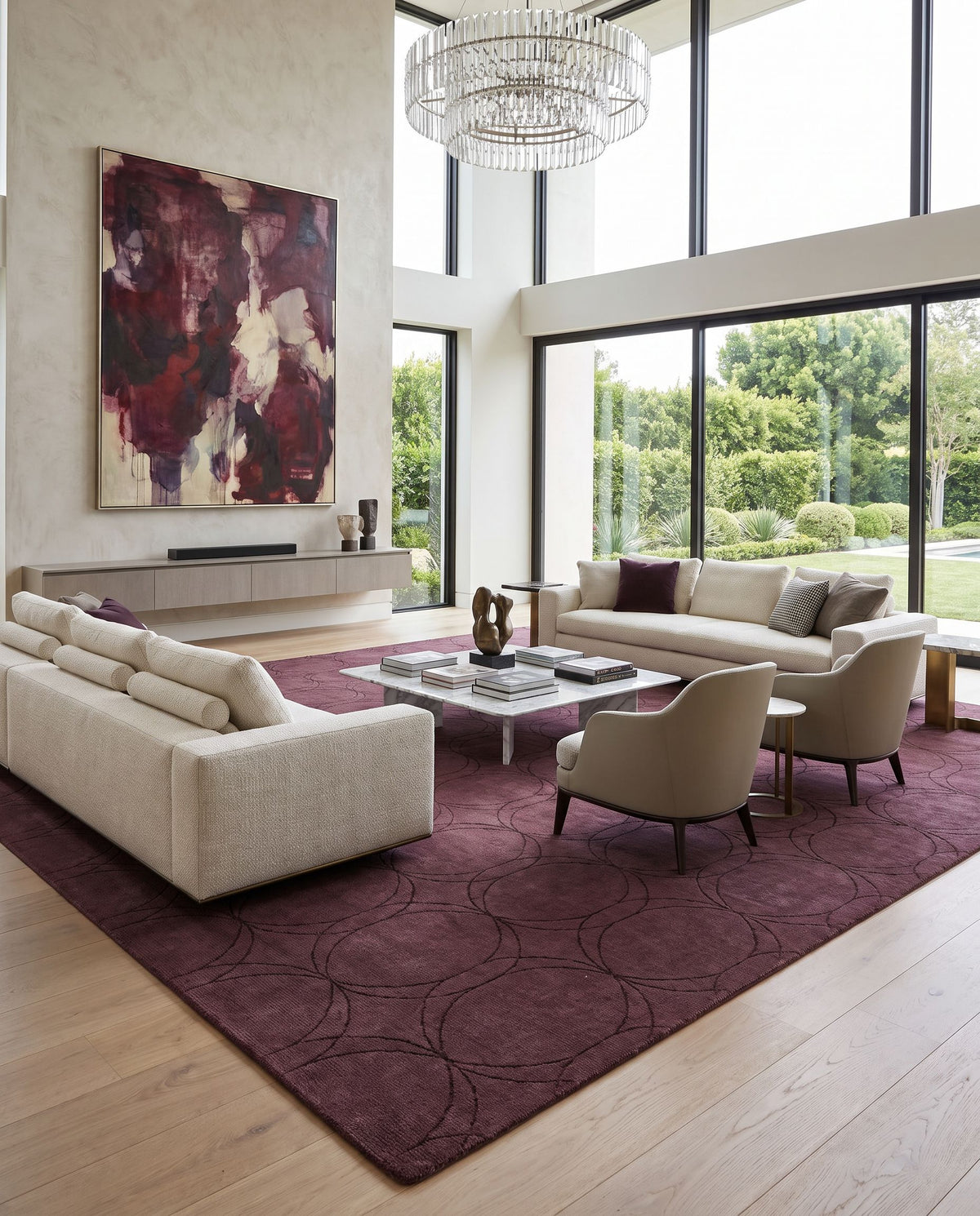 Ashlee ASL-1004 Hand Loomed Rug as the centerpiece of a bright luxury living room — a hand loomed modern area rug in dark brown tones