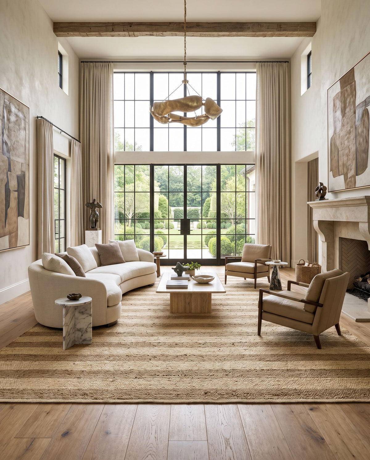 Atina ATA-2300 Hand Woven Rug as the centerpiece of a bright luxury living room — a hand woven cottage area rug in tan and beige tones