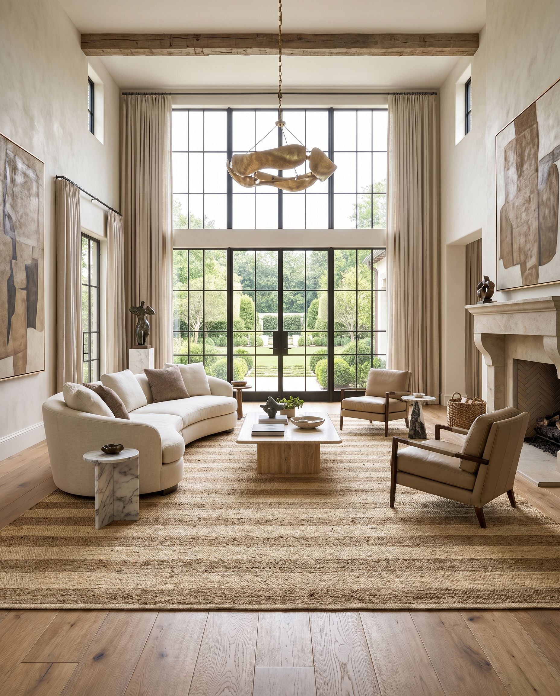 Atina ATA-2300 Hand Woven Rug as the centerpiece of a bright luxury living room — a hand woven cottage area rug in tan and beige tones