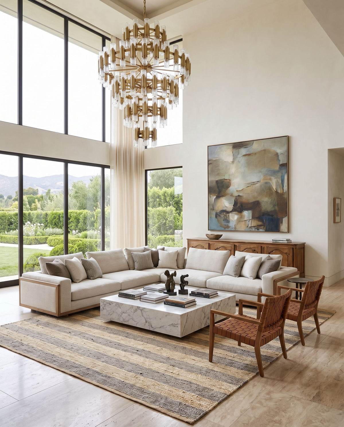 Atina ATA-2301 Hand Woven Rug as the centerpiece of a bright luxury living room — a hand woven cottage area rug in wheat and taupe tones