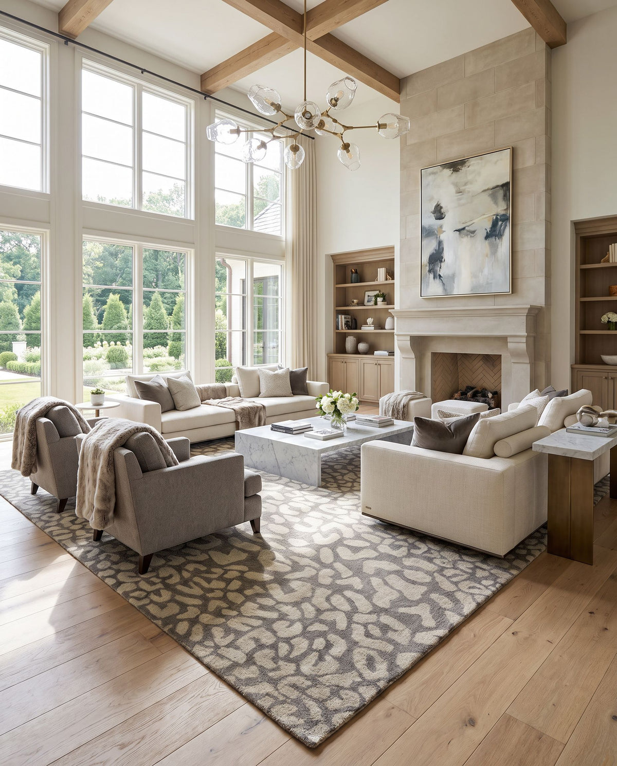 Athena ATH-5165 Hand Tufted Rug as the centerpiece of a bright luxury living room — a hand tufted modern area rug in gray and light gray tones