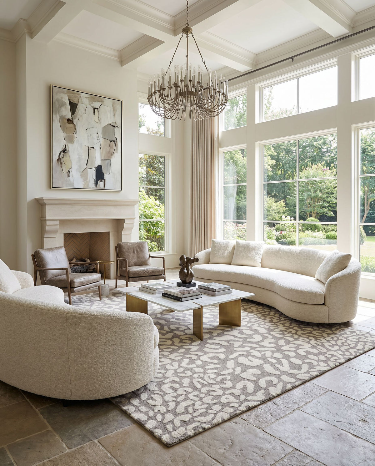 Athena ATH-5166 Hand Tufted Rug as the centerpiece of a bright luxury living room — a hand tufted modern area rug in light brown and beige tones