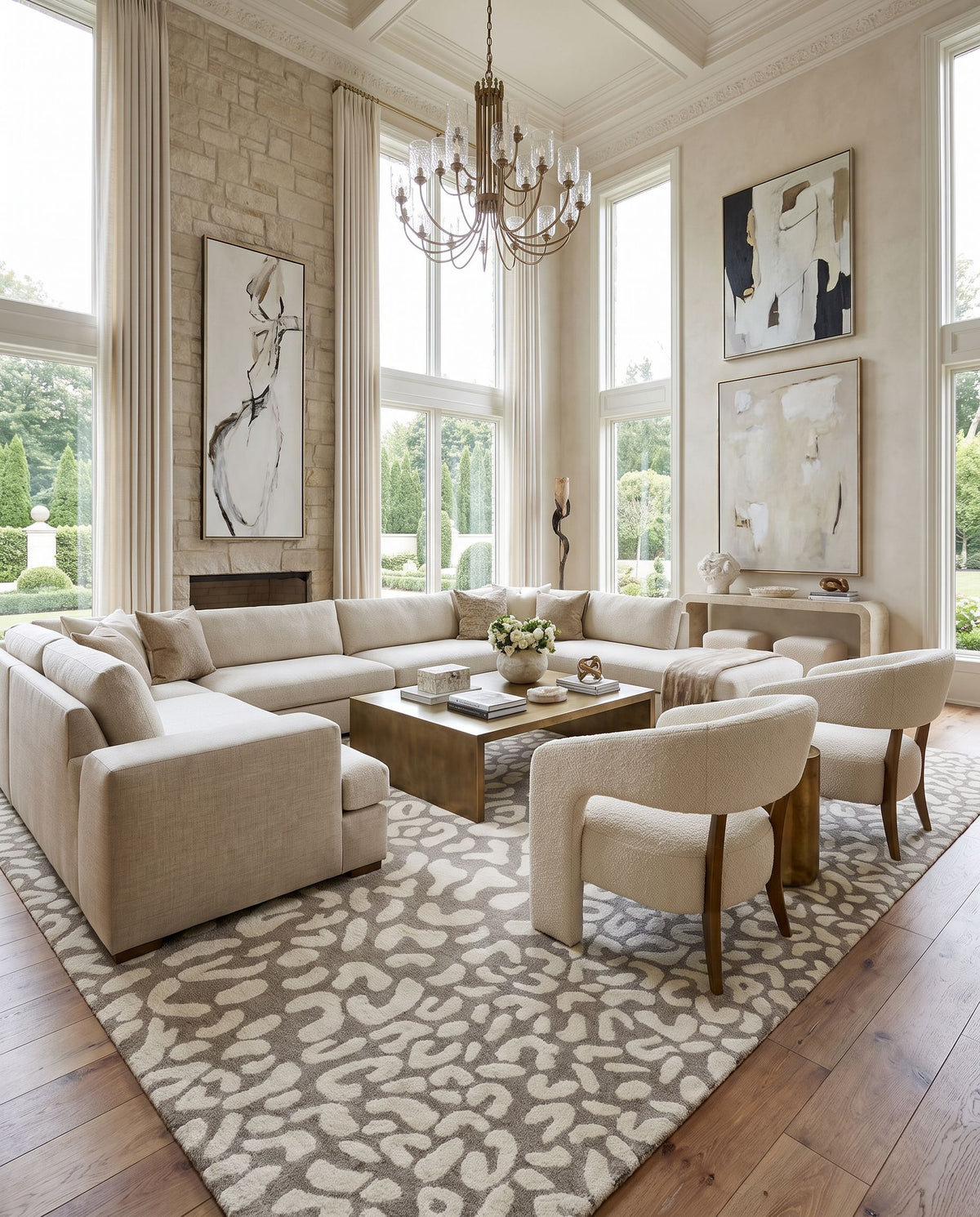 Athena ATH-5166 Hand Tufted Rug styled in an elegant designer living room — hand tufted modern area rug in light brown and beige tones