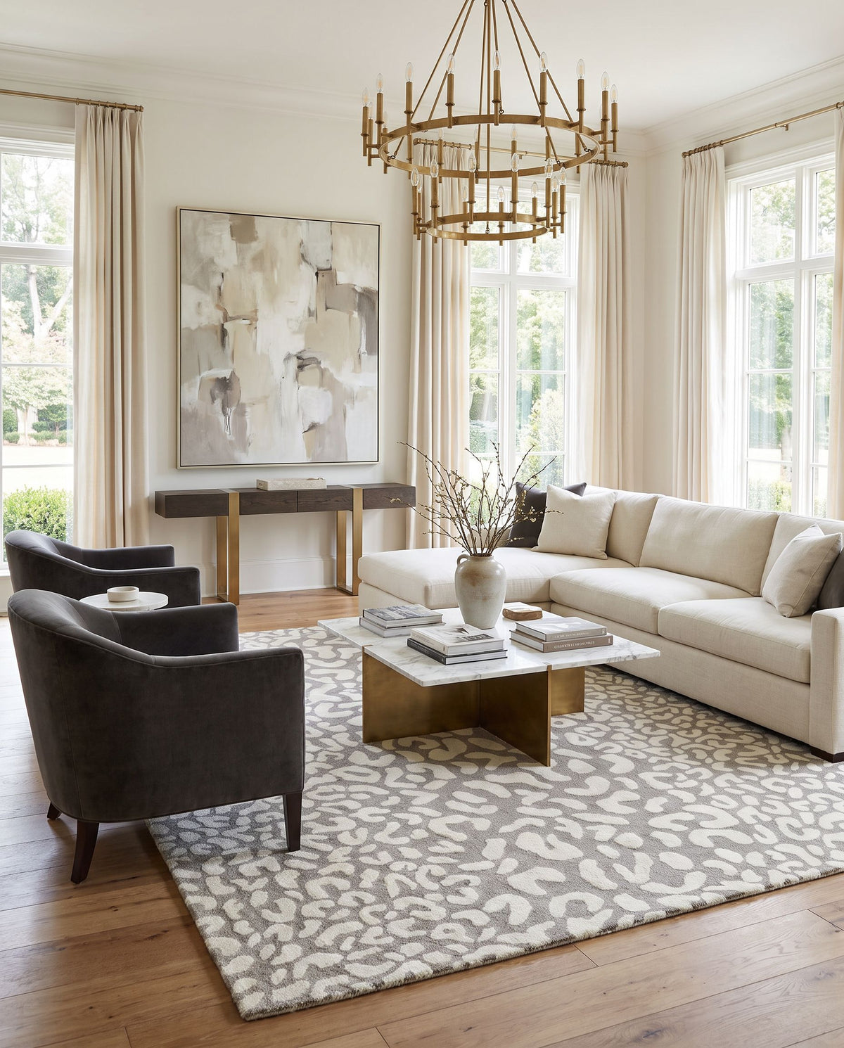 Athena ATH-5166 Hand Tufted Rug styled in an elegant designer living room — hand tufted modern area rug in light brown and beige tones