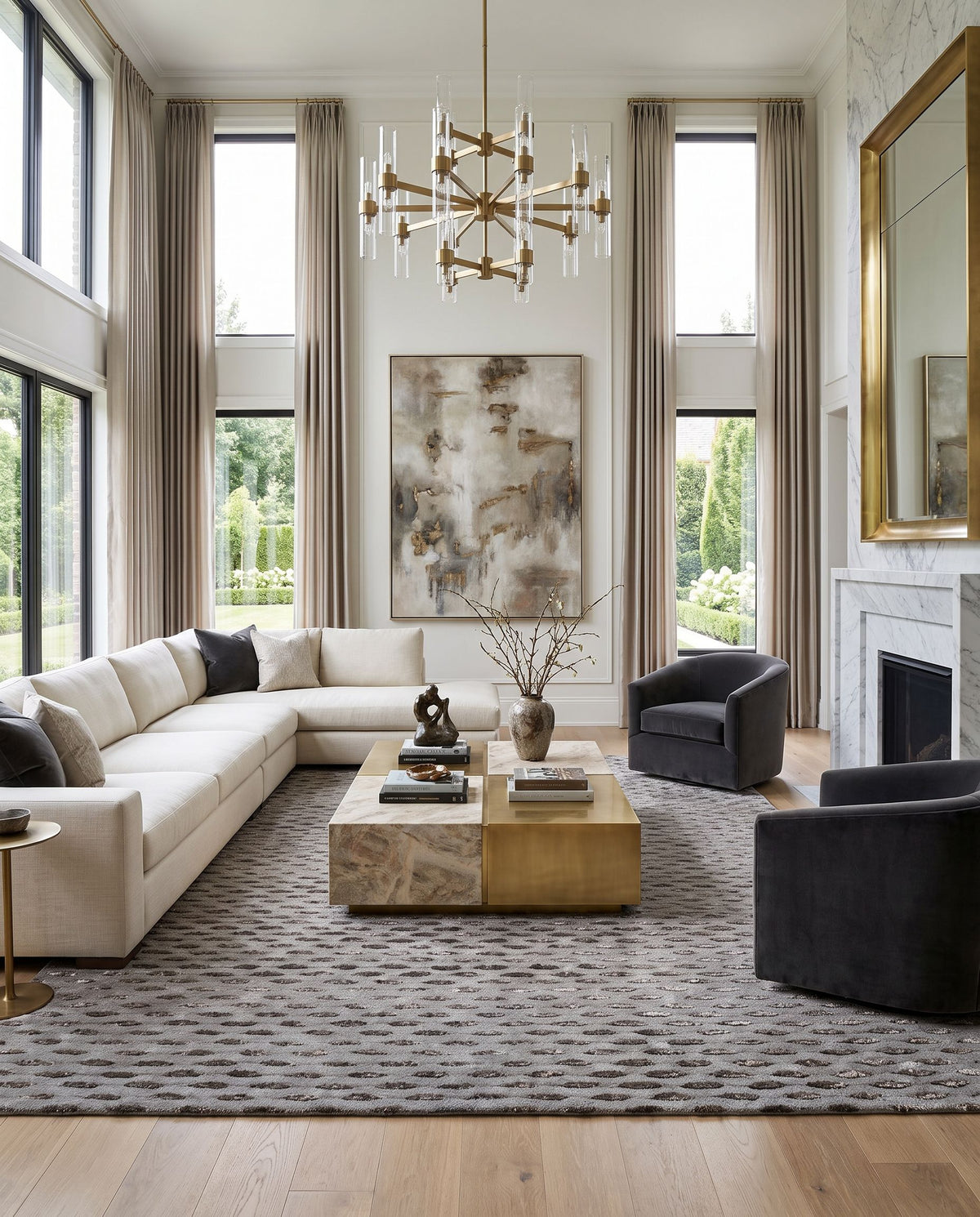 Atlantis ATL-6001 Hand Tufted Rug as the centerpiece of a bright luxury living room — a hand tufted contemporary area rug in taupe and slate blue tones