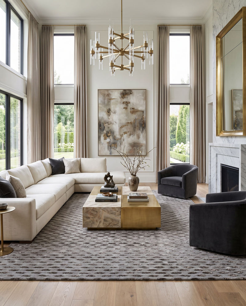 Atlantis ATL-6001 Hand Tufted Rug as the centerpiece of a bright luxury living room — a hand tufted contemporary area rug in taupe and slate blue tones