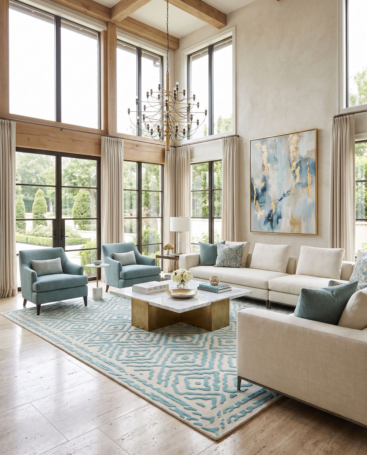 Atlas ATS-1004 Hand Knotted Rug as the centerpiece of a bright luxury living room — a hand knotted traditional area rug in aqua and light beige tones