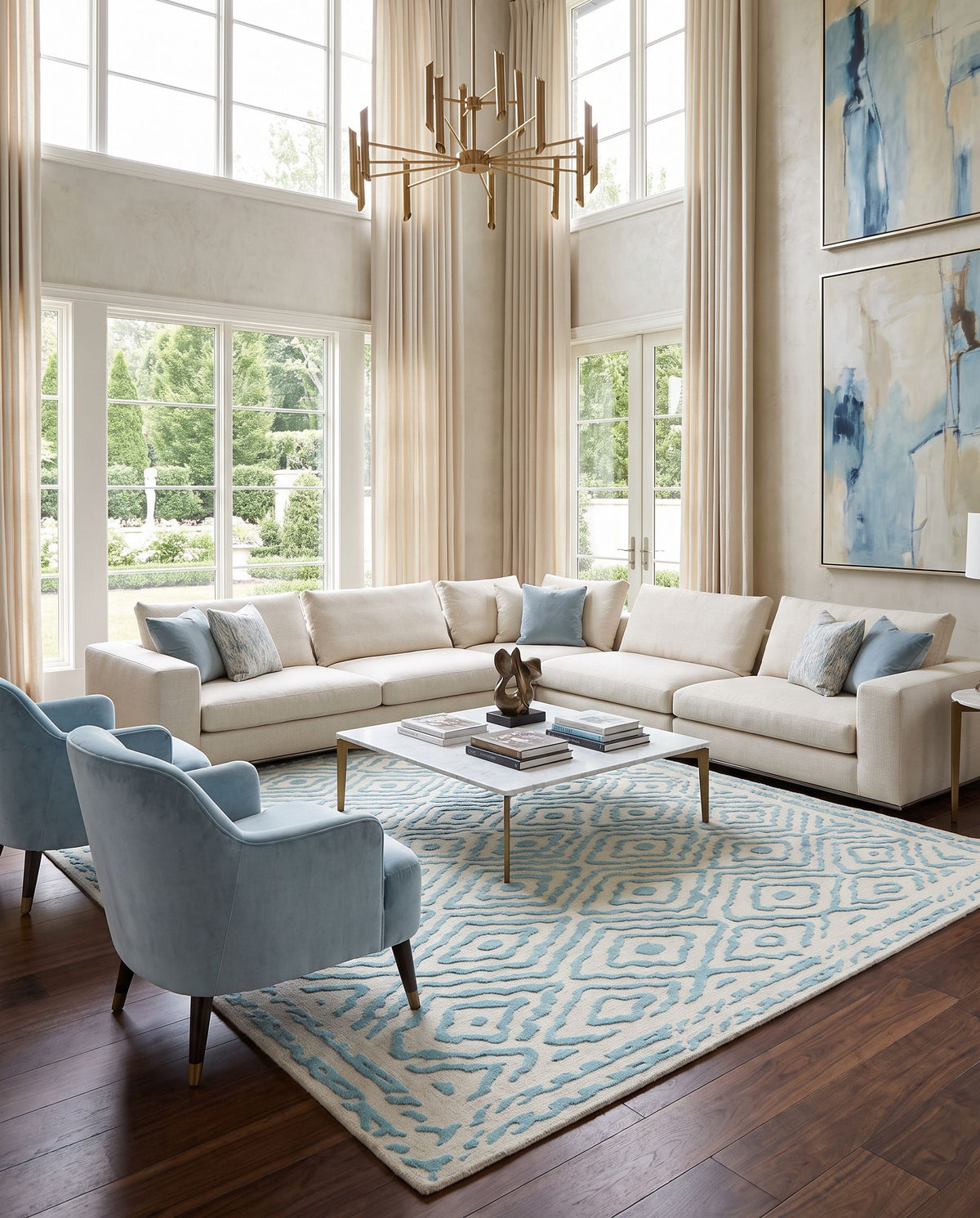 Atlas ATS-1004 Hand Knotted Rug styled in an elegant designer living room — hand knotted traditional area rug in aqua and light beige tones