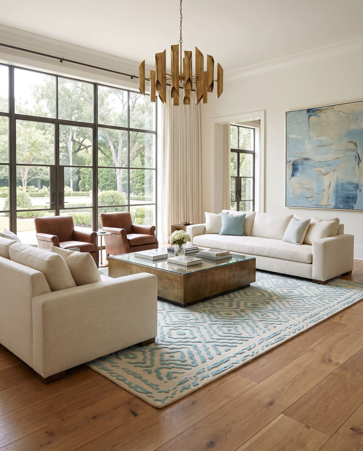 Atlas ATS-1004 Hand Knotted Rug styled in an elegant designer living room — hand knotted traditional area rug in aqua and light beige tones