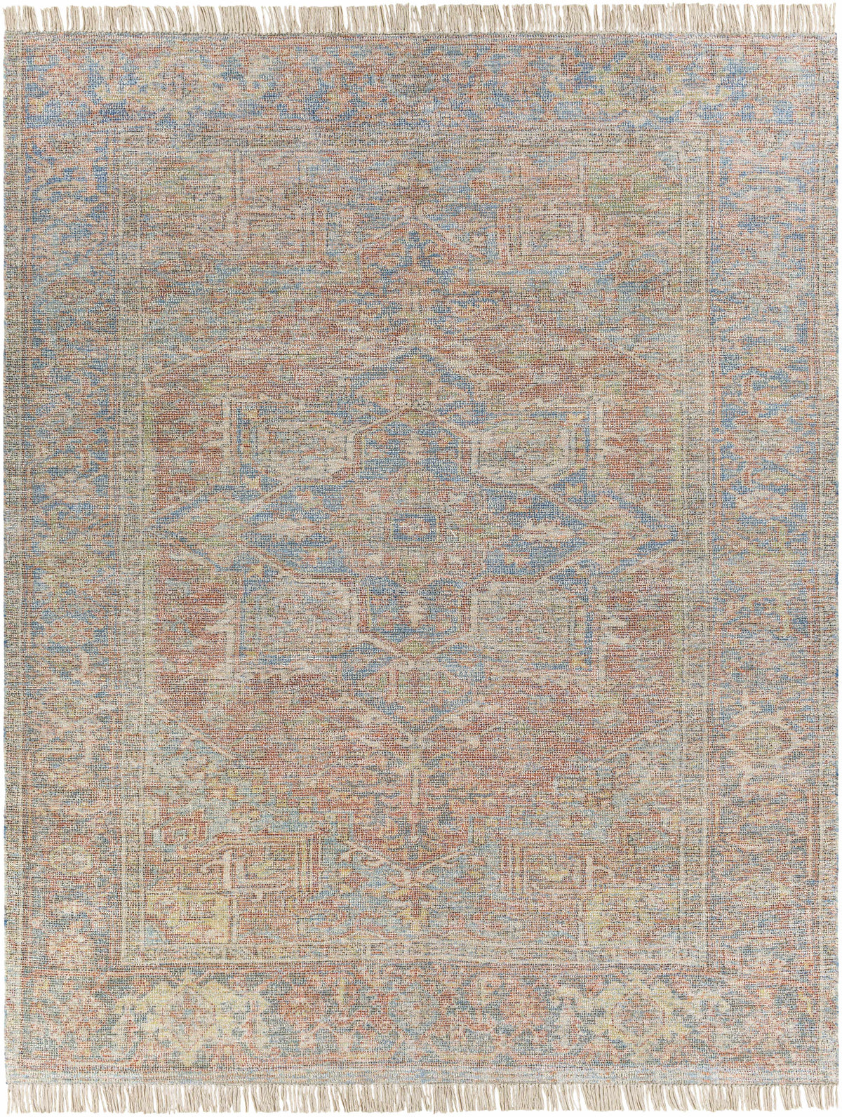 Red Hand Woven 50% Cotton, 20% Polyester, 15% Wool, 15% Viscose Traditional Rectangle Handmade rug, Indoor use only, has fringe, non-washable.