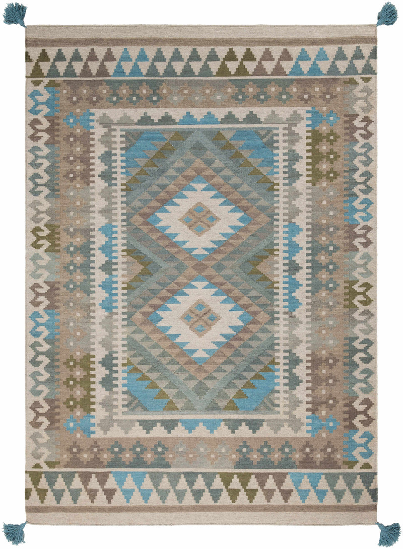 Sage Hand Woven 100% Wool Global Rectangle Handmade rug, Indoor use only, has fringe, non-washable.